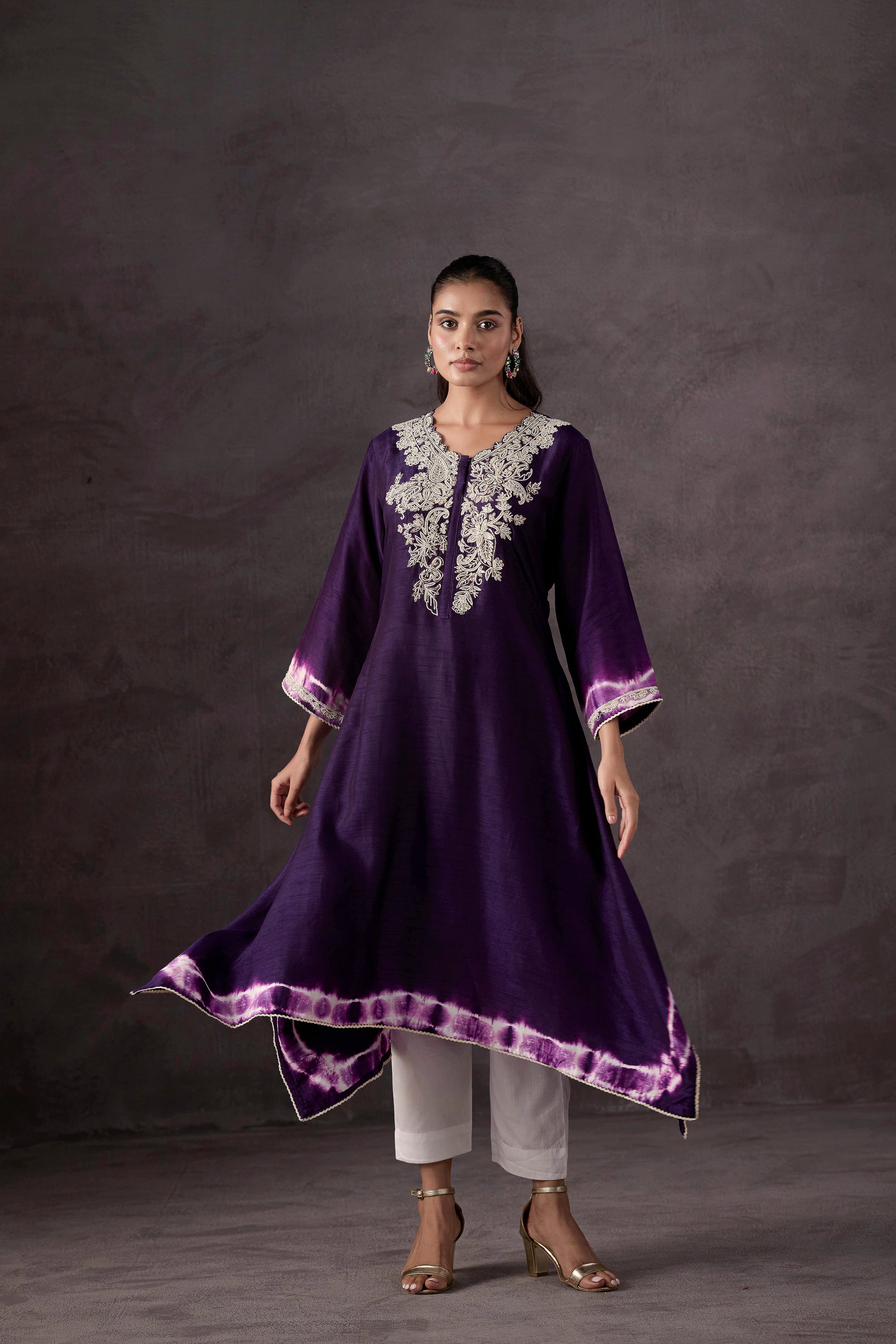 Dark Purple Embellished Raw Silk Kurta Set