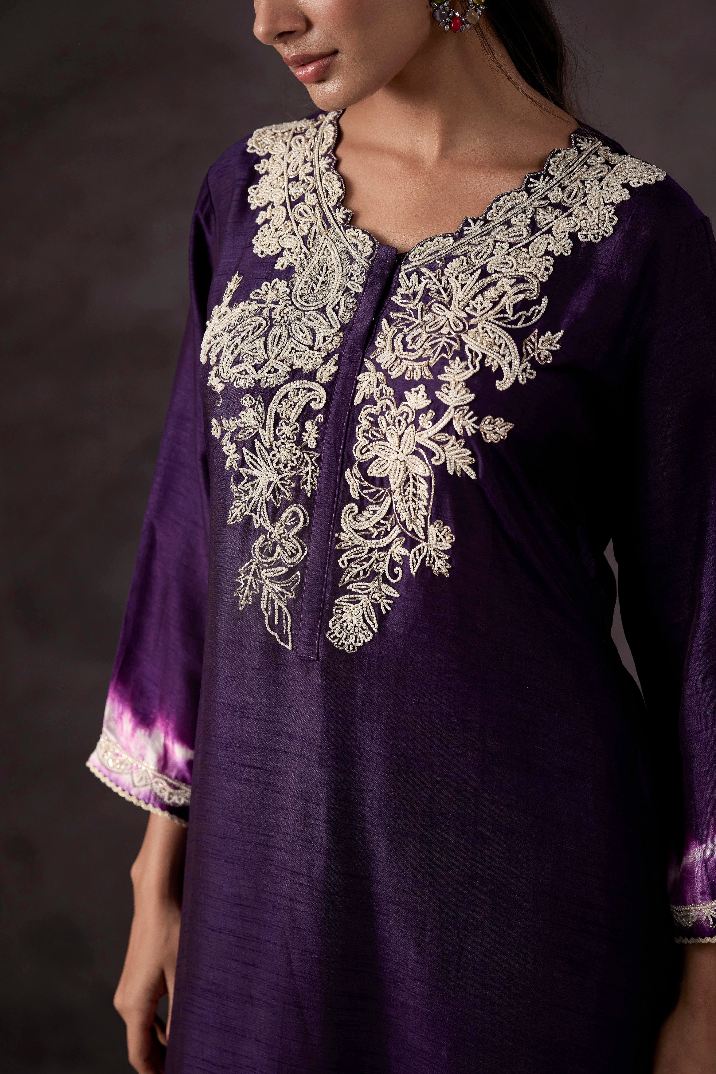 Dark Purple Embellished Raw Silk Kurta Set