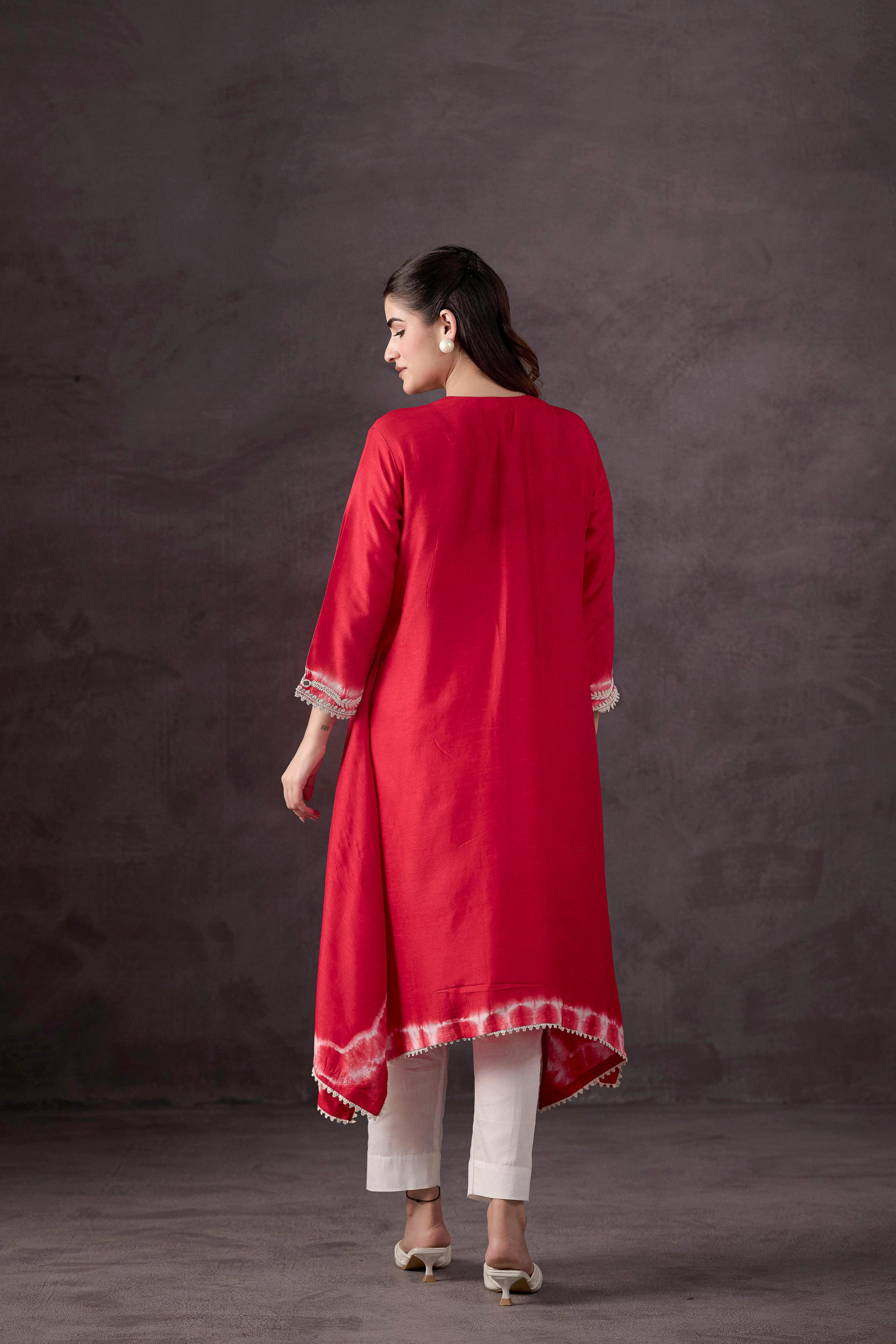 Bright Red Embellished Raw Silk Kurta Set