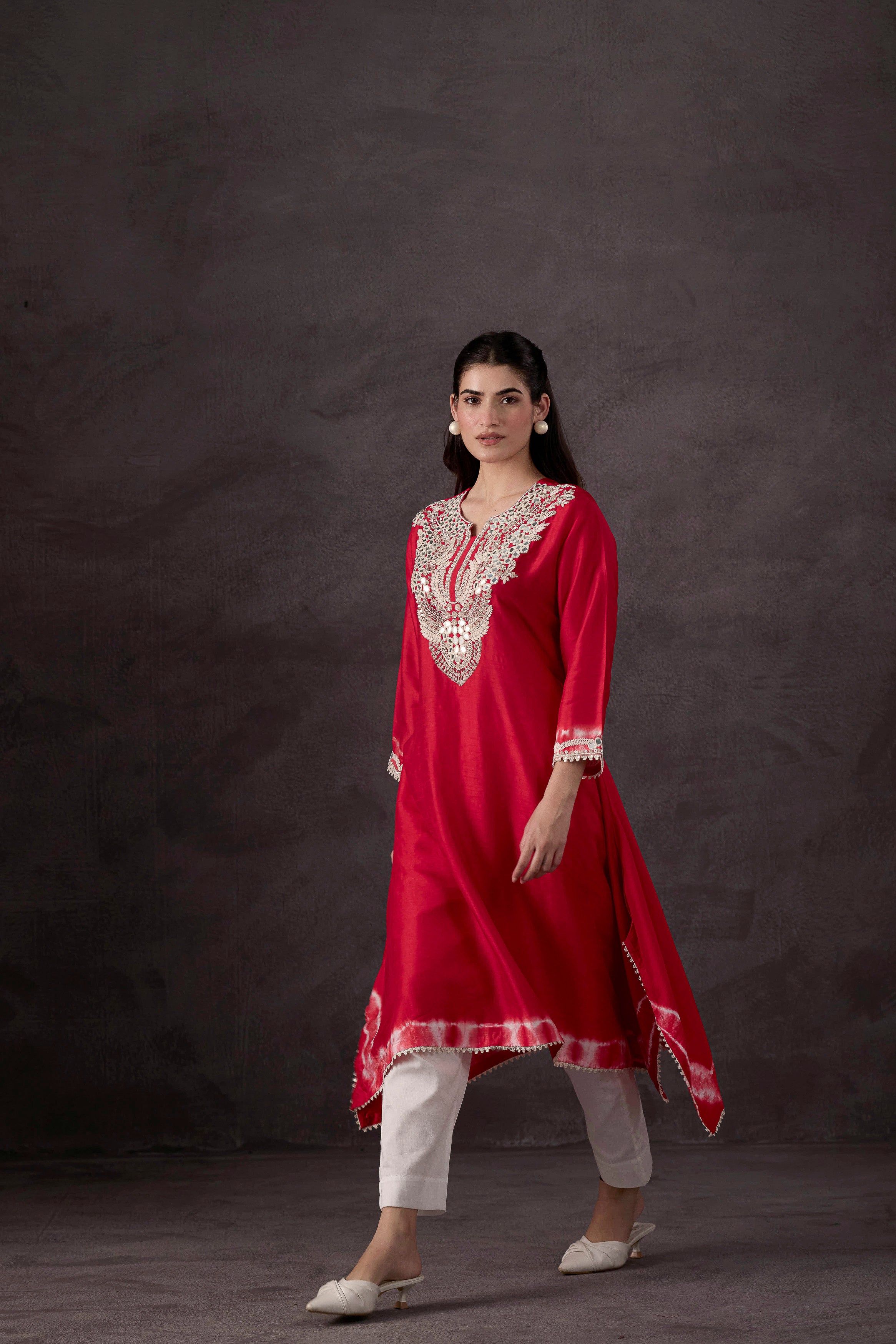 Bright Red Embellished Raw Silk Kurta Set