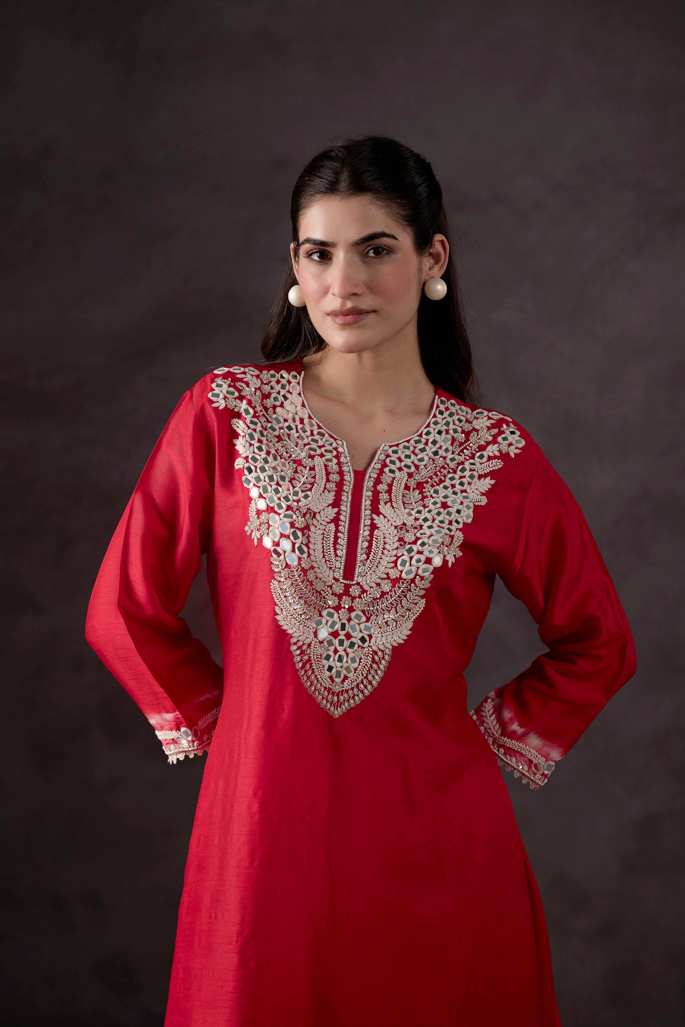 Bright Red Embellished Raw Silk Kurta Set