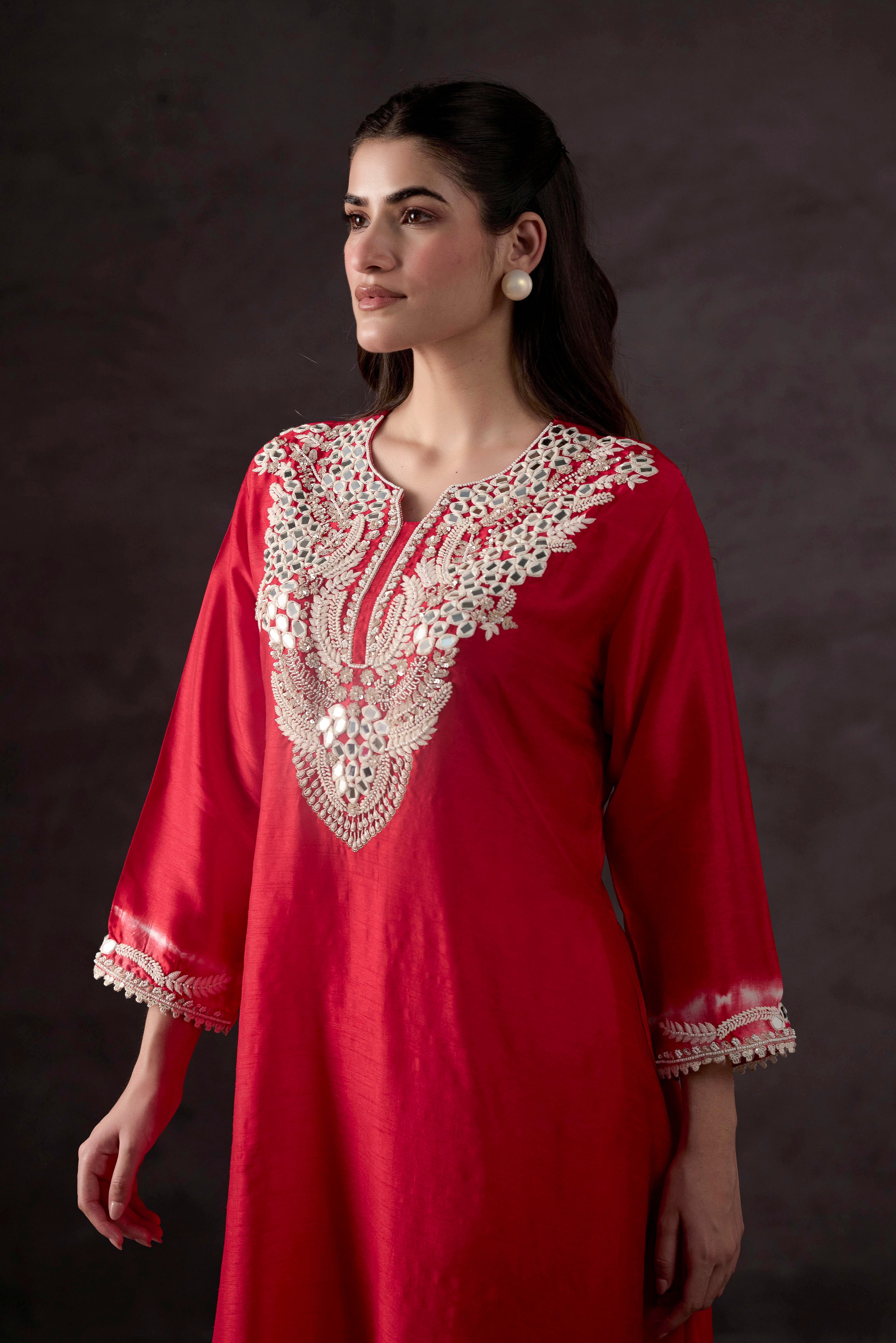 Bright Red Embellished Raw Silk Kurta Set