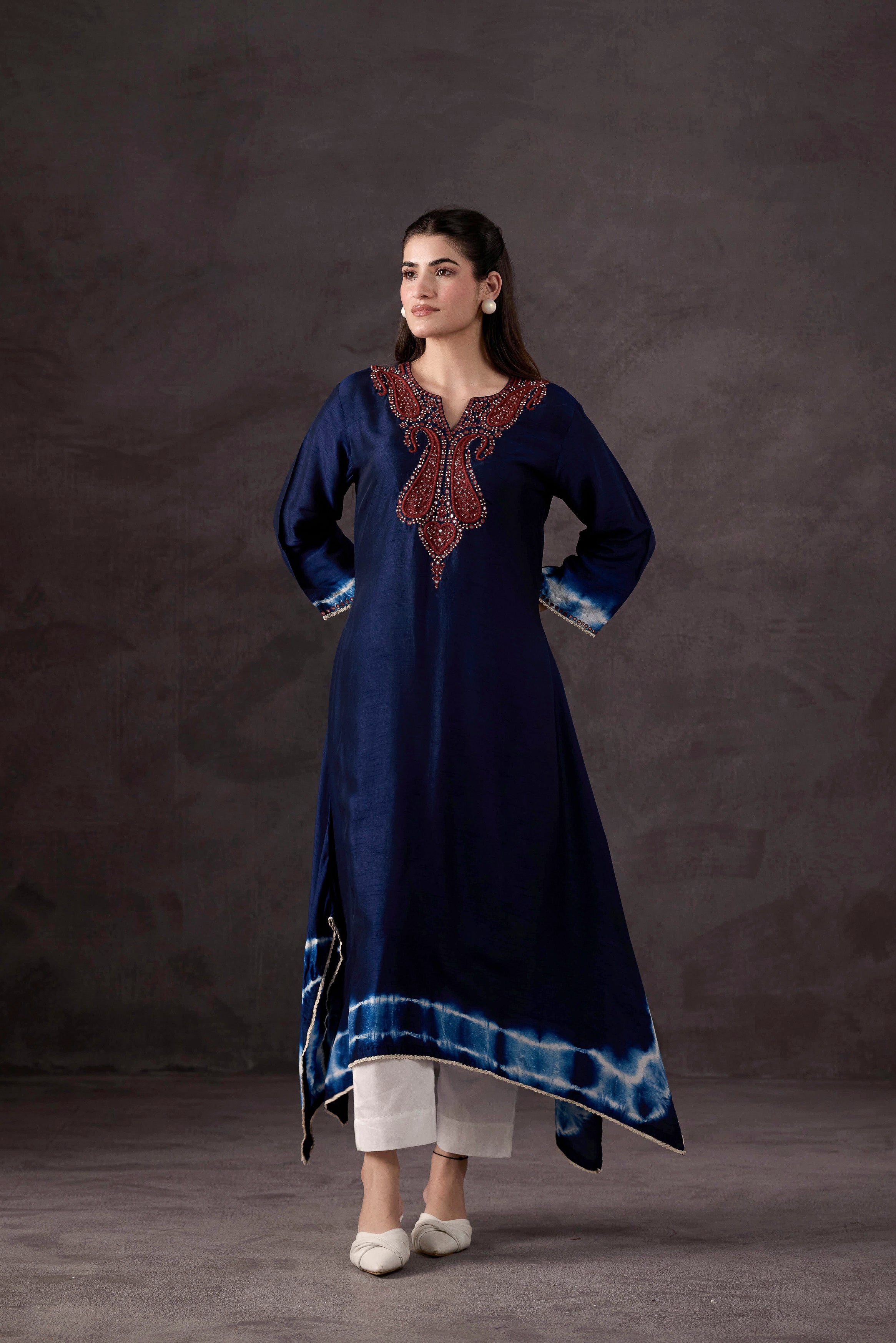 Teal Blue Embellished Raw Silk Kurta Set