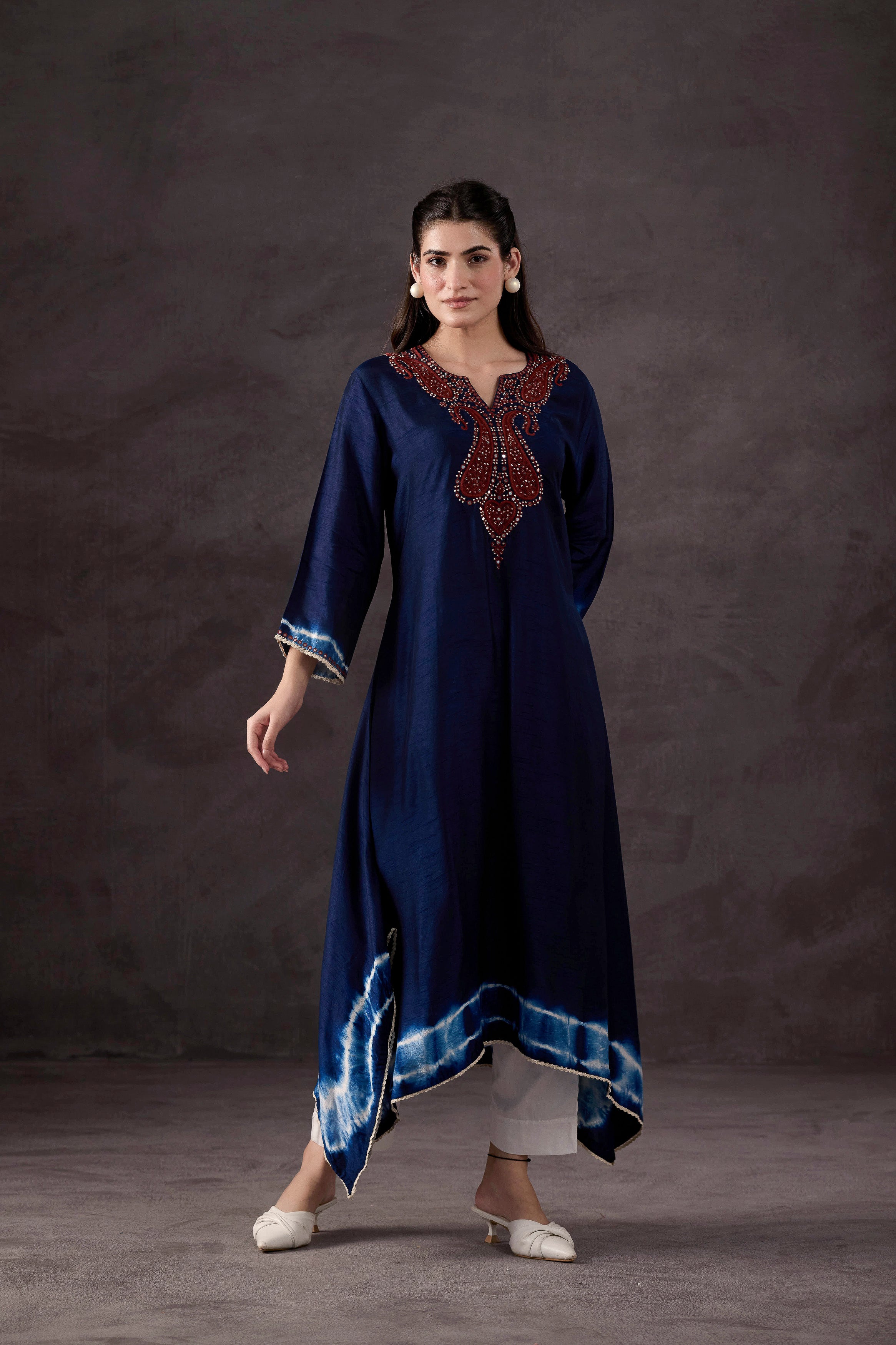 Teal Blue Embellished Raw Silk Kurta Set