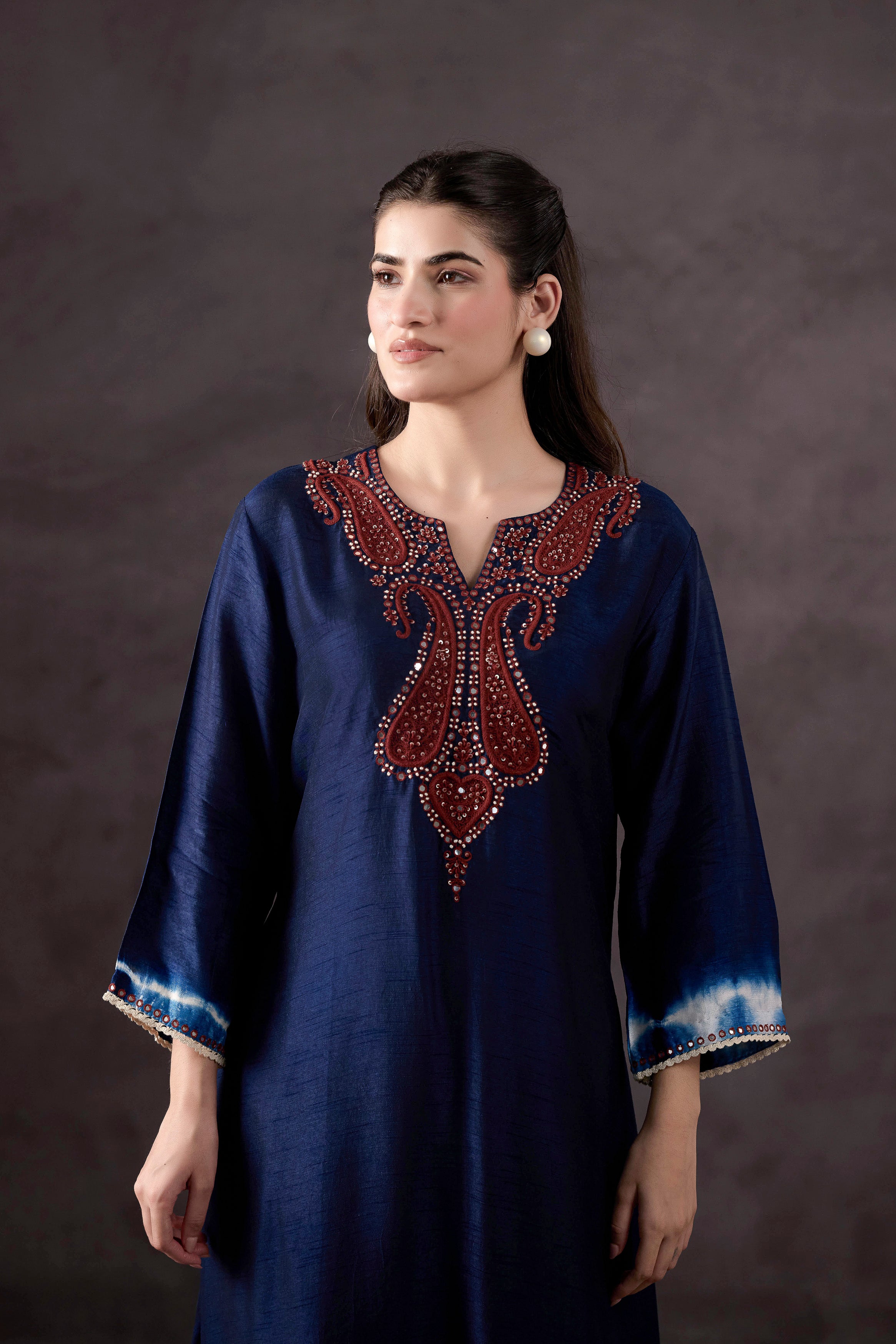Teal Blue Embellished Raw Silk Kurta Set
