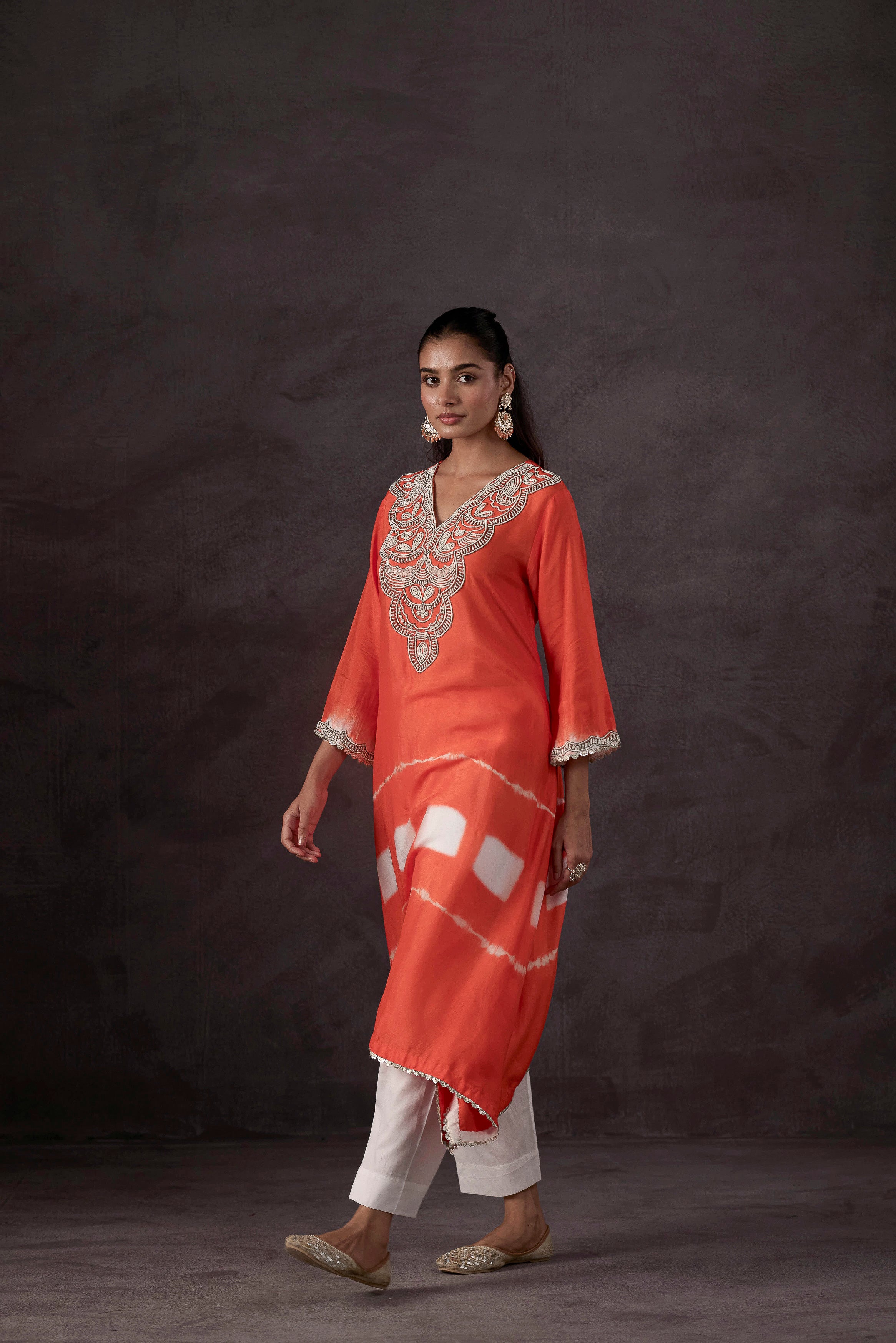Bright Orange Embellished Raw Silk Kurta Set
