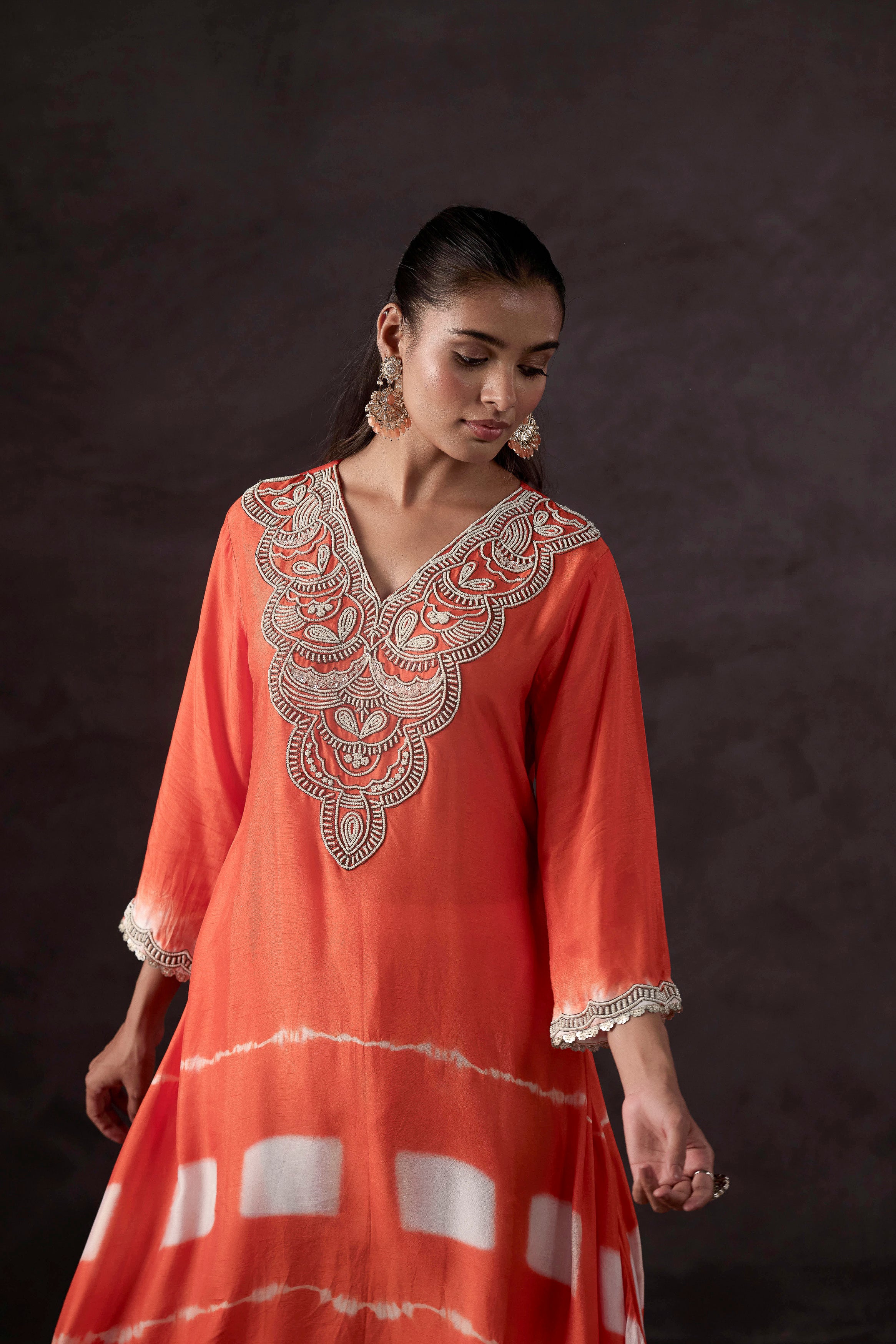Bright Orange Embellished Raw Silk Kurta Set