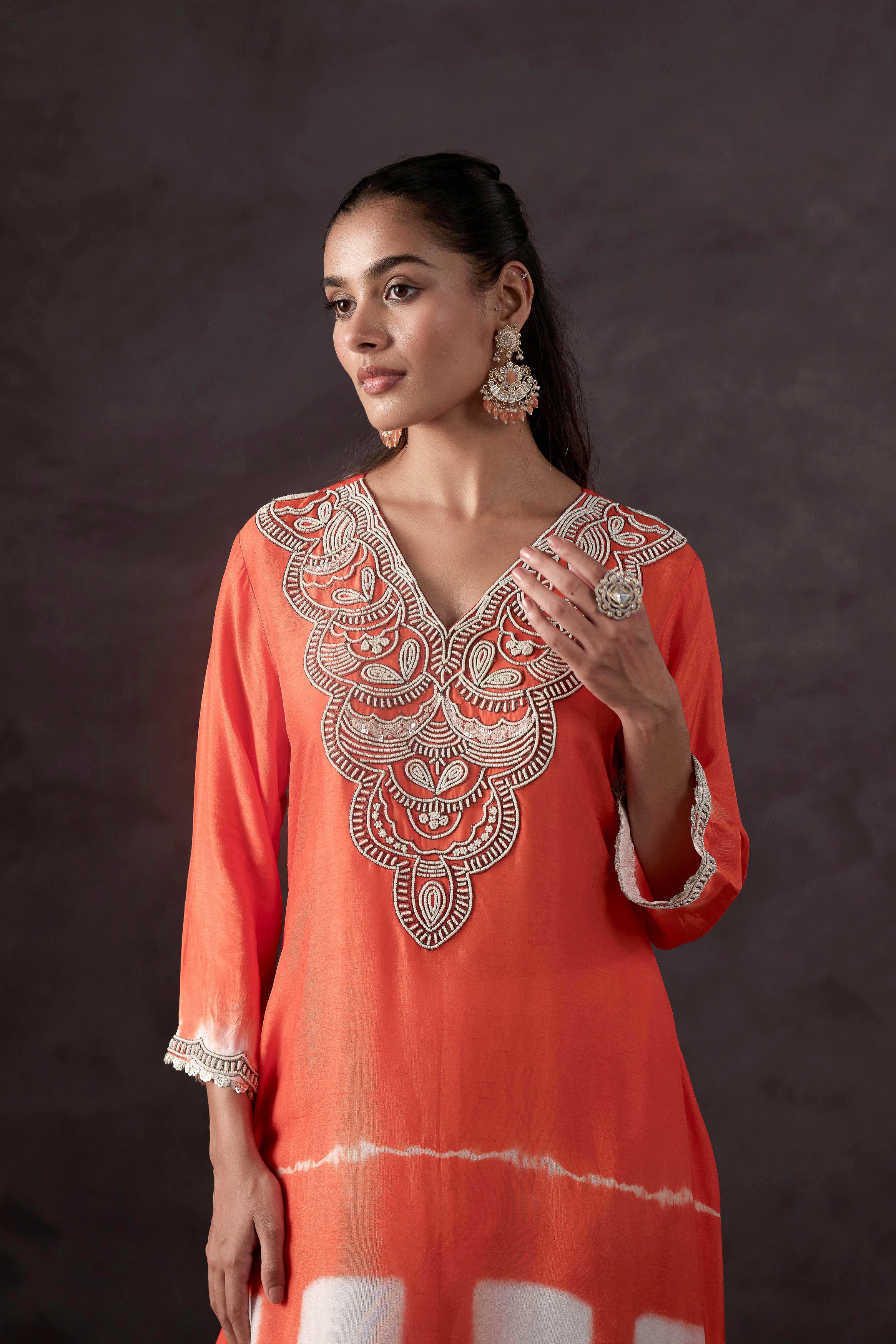 Bright Orange Embellished Raw Silk Kurta Set