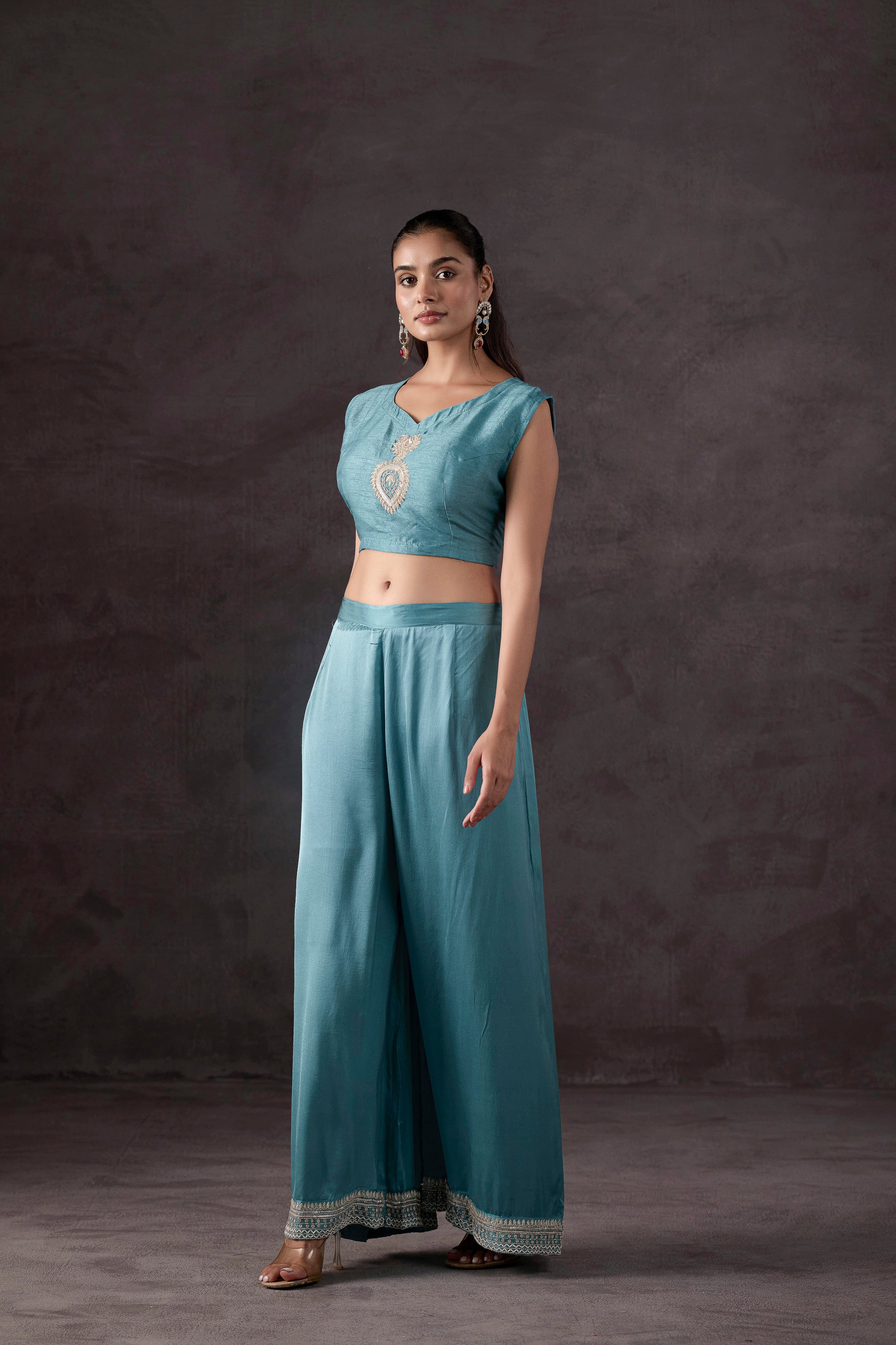 Sky Blue Embellished Organza Silk Cape Set