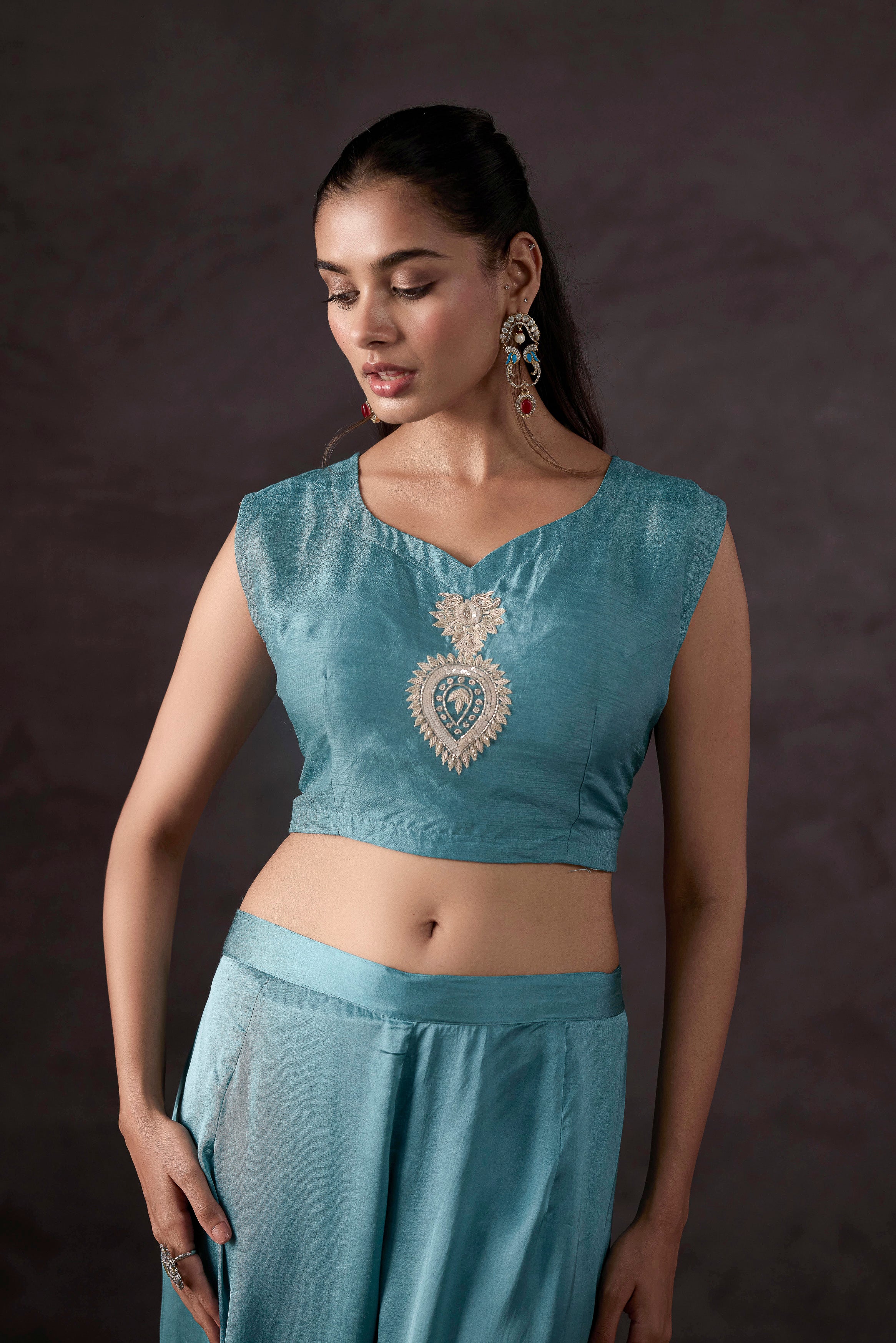 Sky Blue Embellished Organza Silk Cape Set