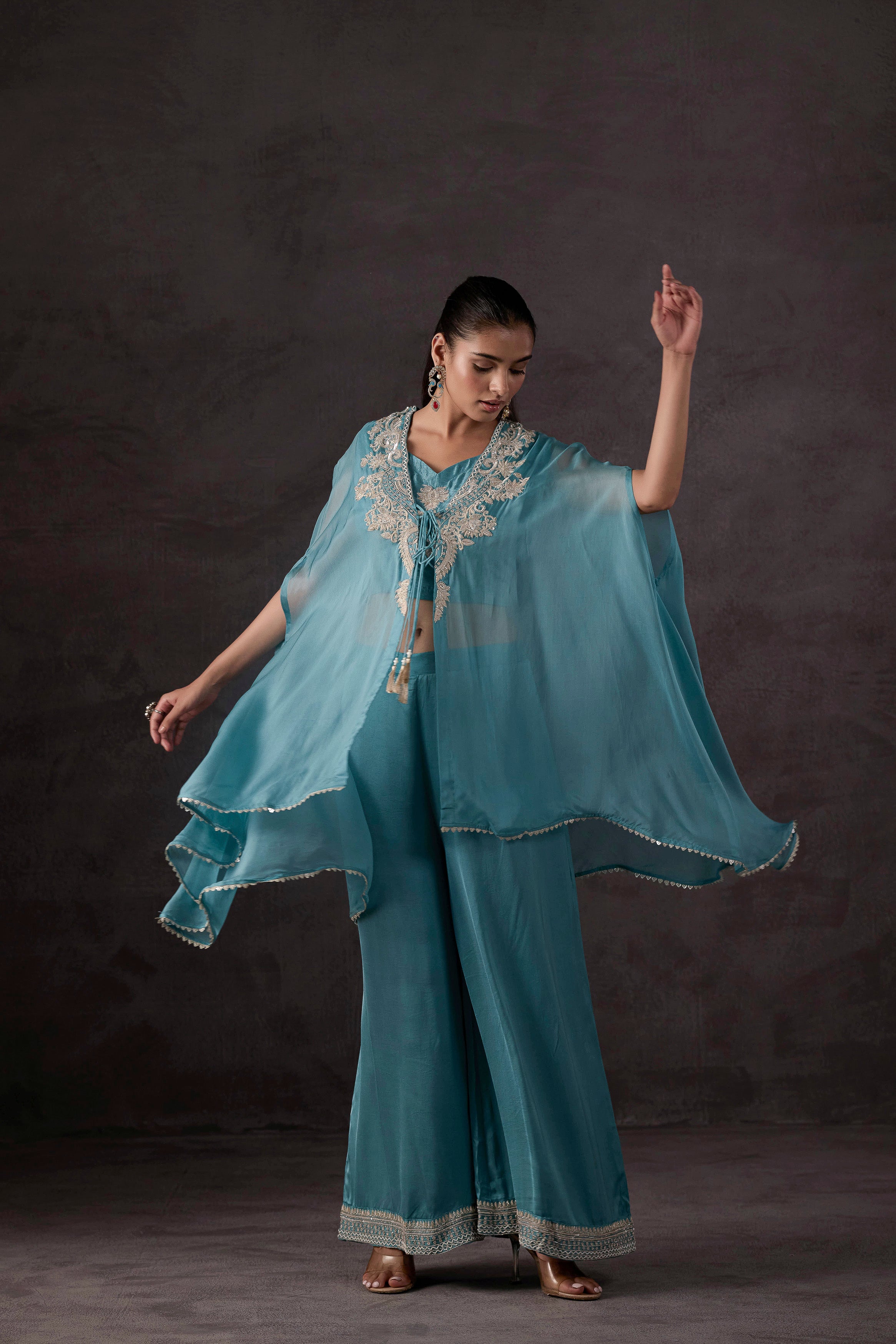 Sky Blue Embellished Organza Silk Cape Set