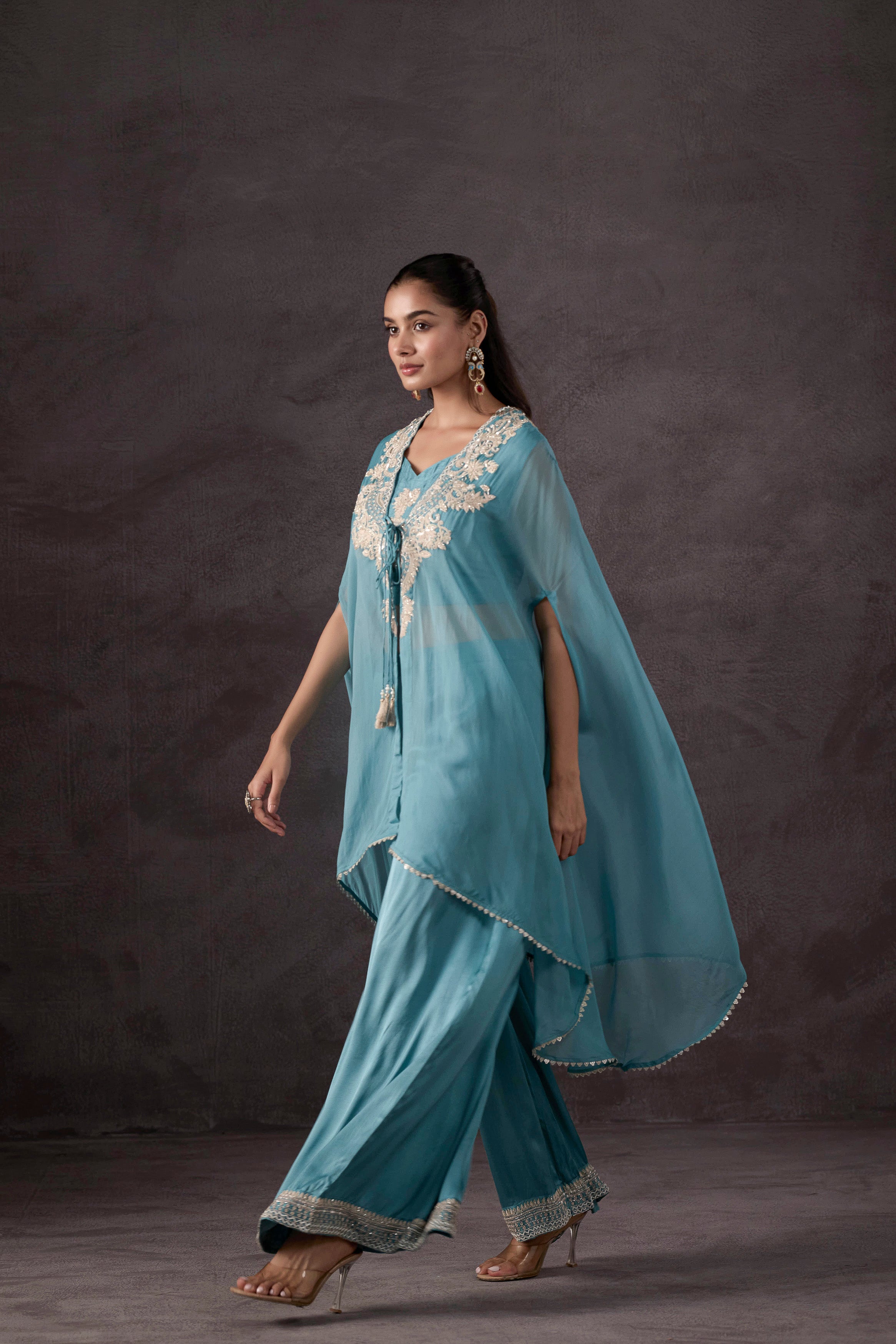 Sky Blue Embellished Organza Silk Cape Set