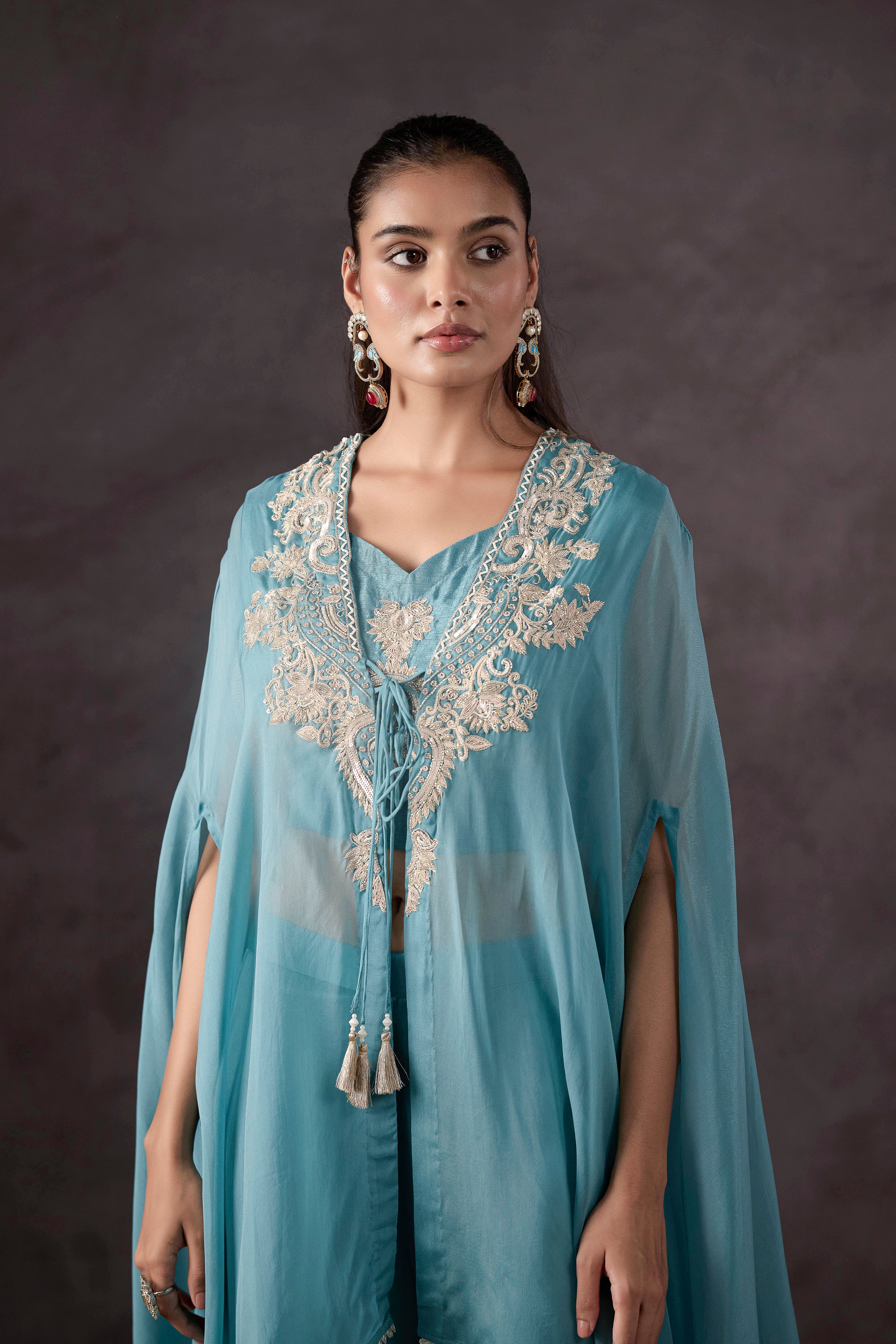 Sky Blue Embellished Organza Silk Cape Set