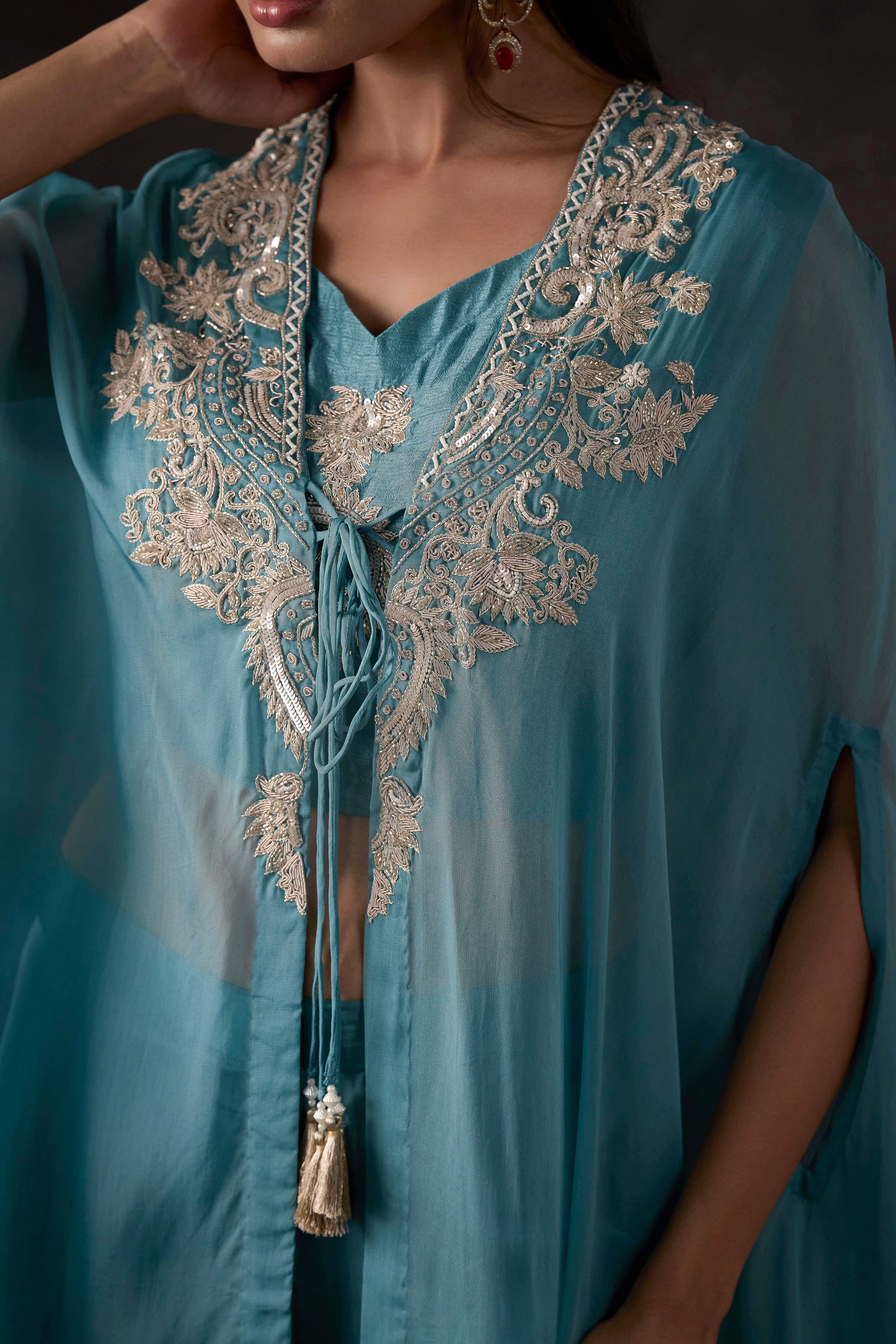 Sky Blue Embellished Organza Silk Cape Set