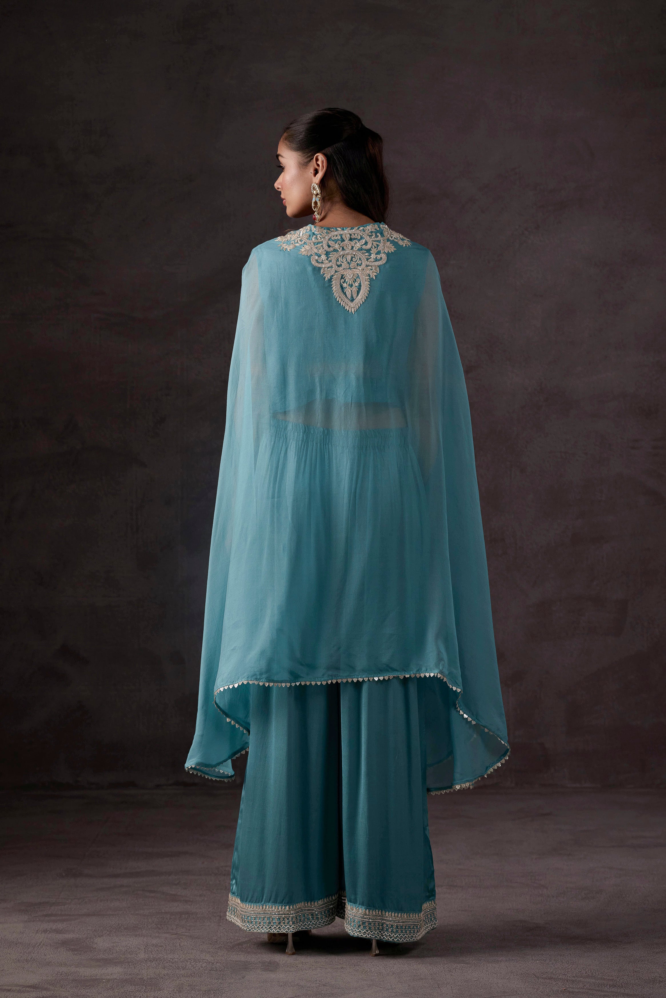 Sky Blue Embellished Organza Silk Cape Set