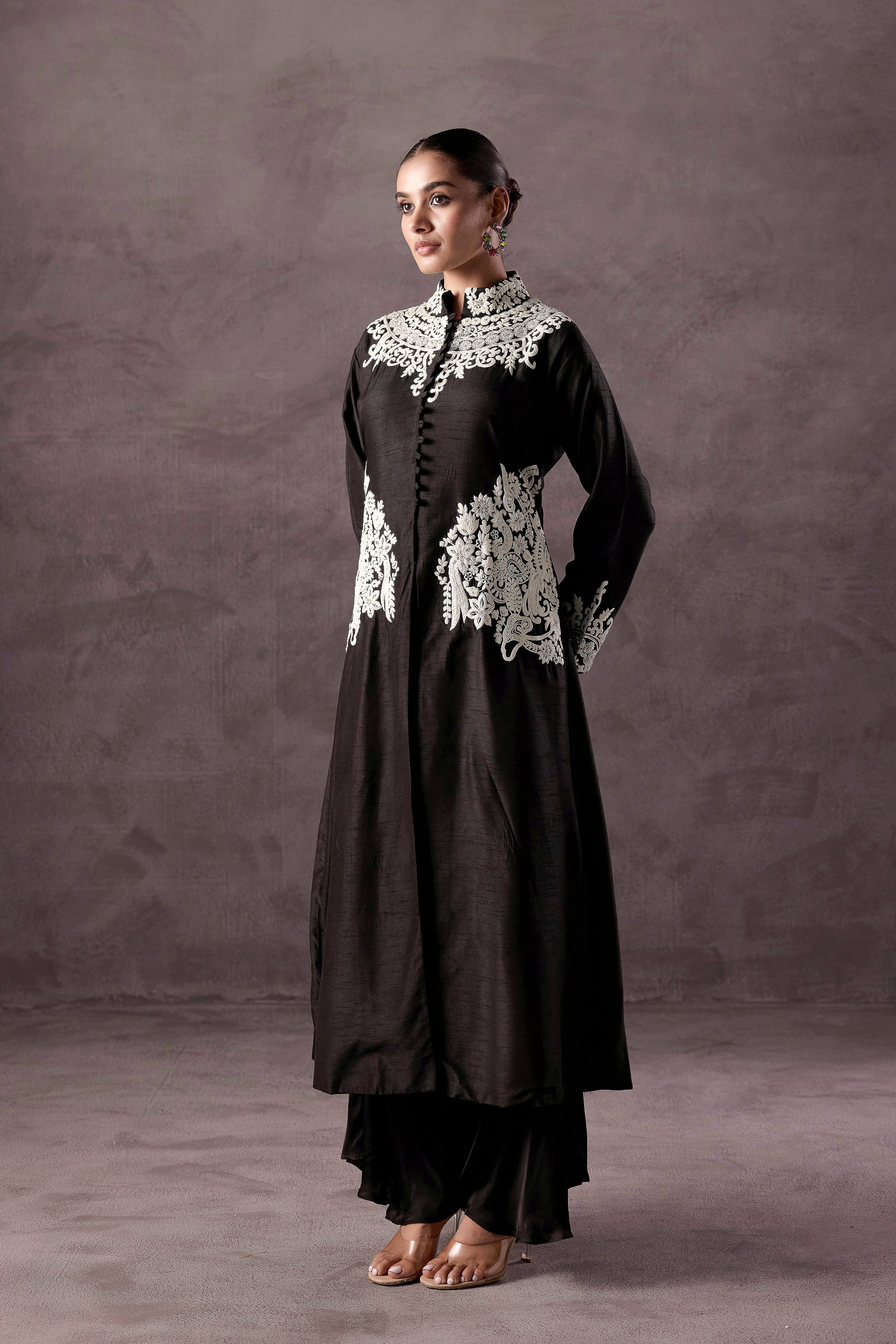 Classic Black Embellished Raw Silk Kurta Set