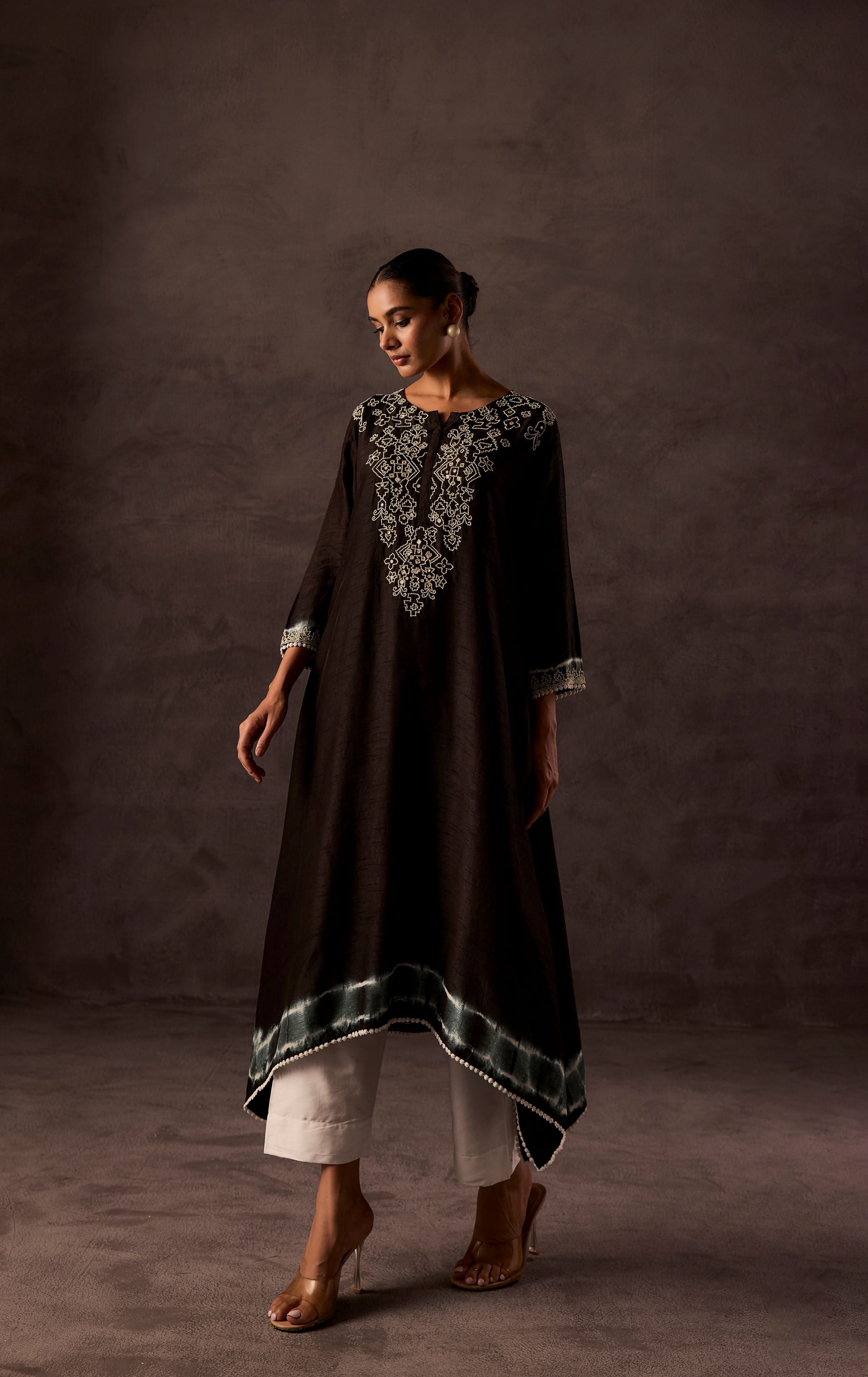 Black Embellished Raw Silk Kurta Set