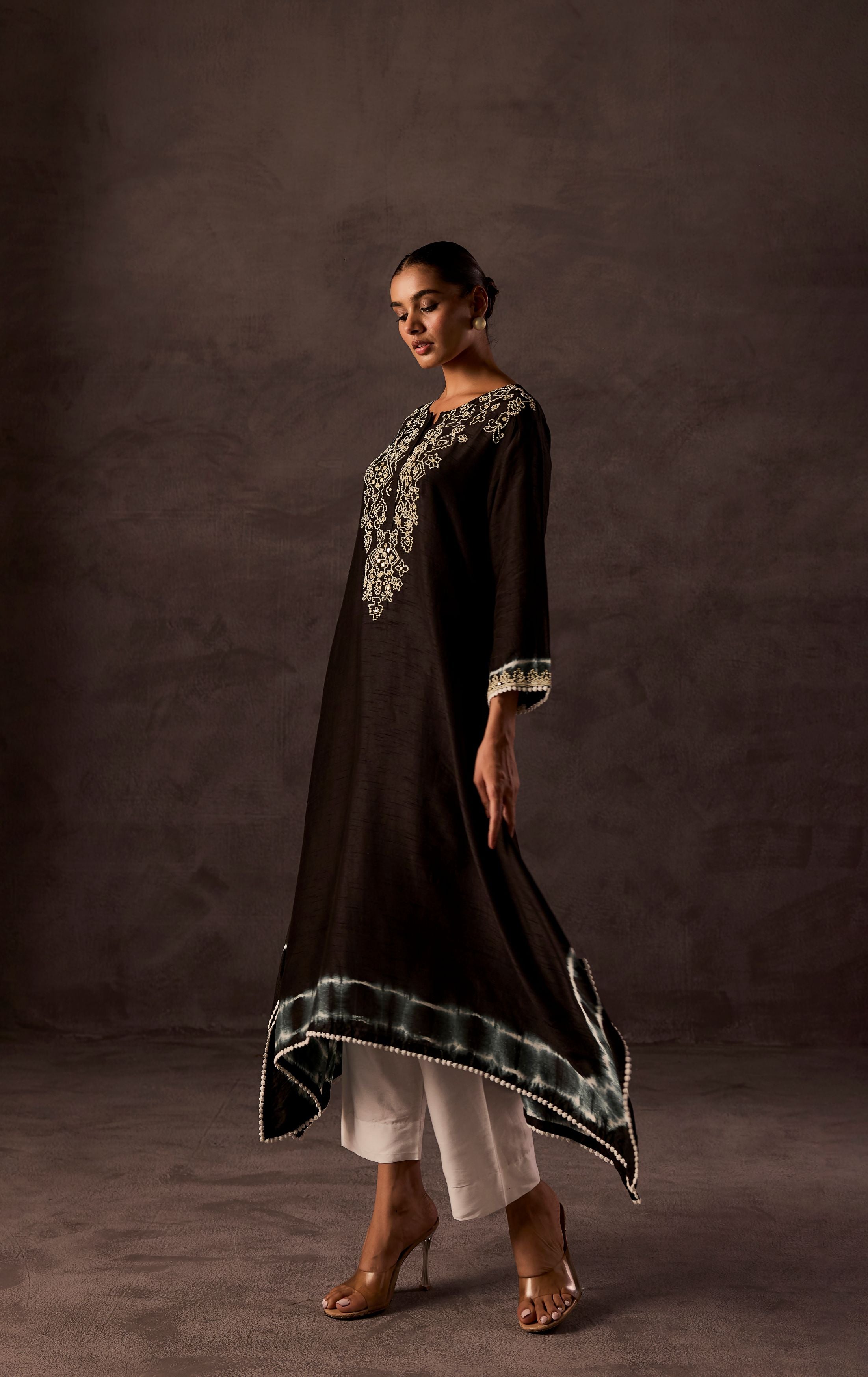 Black Embellished Raw Silk Kurta Set