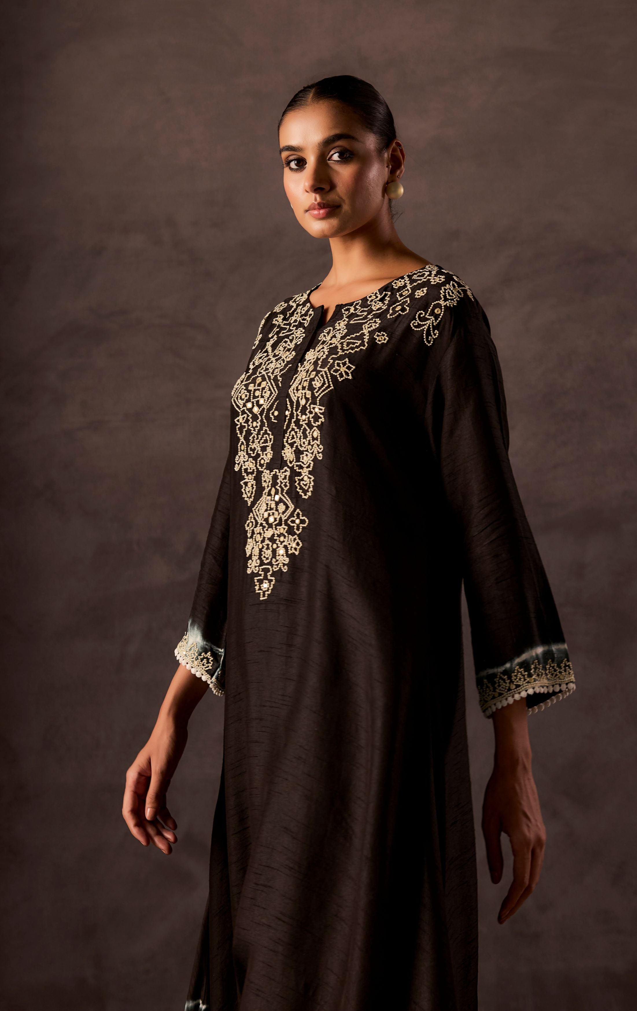Black Embellished Raw Silk Kurta Set