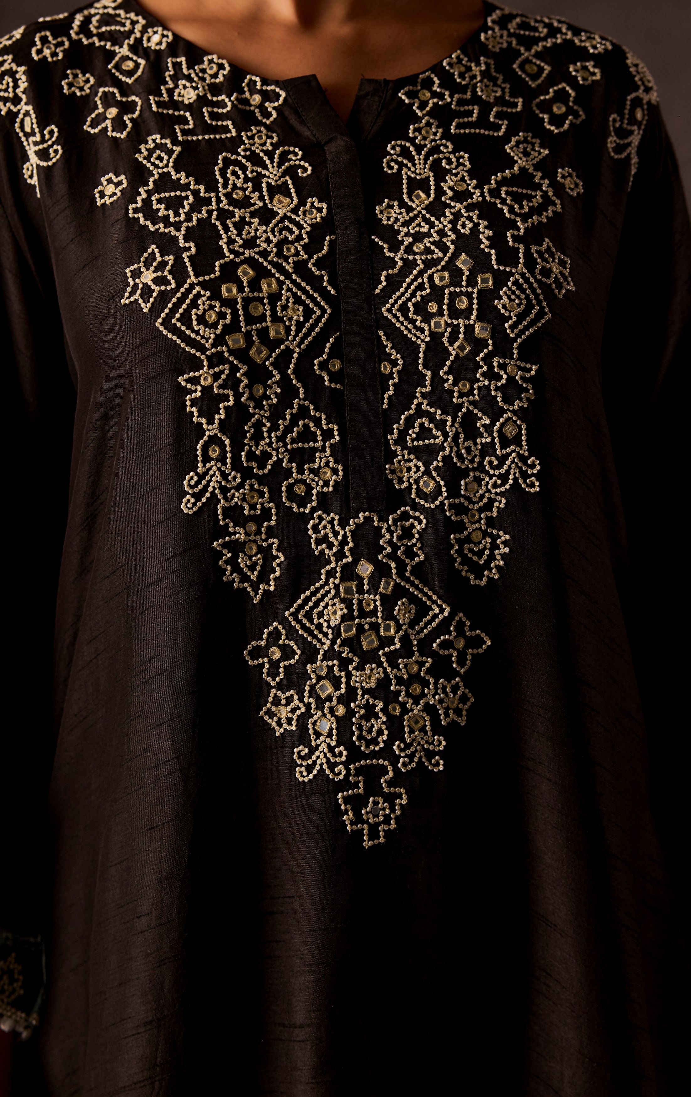 Black Embellished Raw Silk Kurta Set