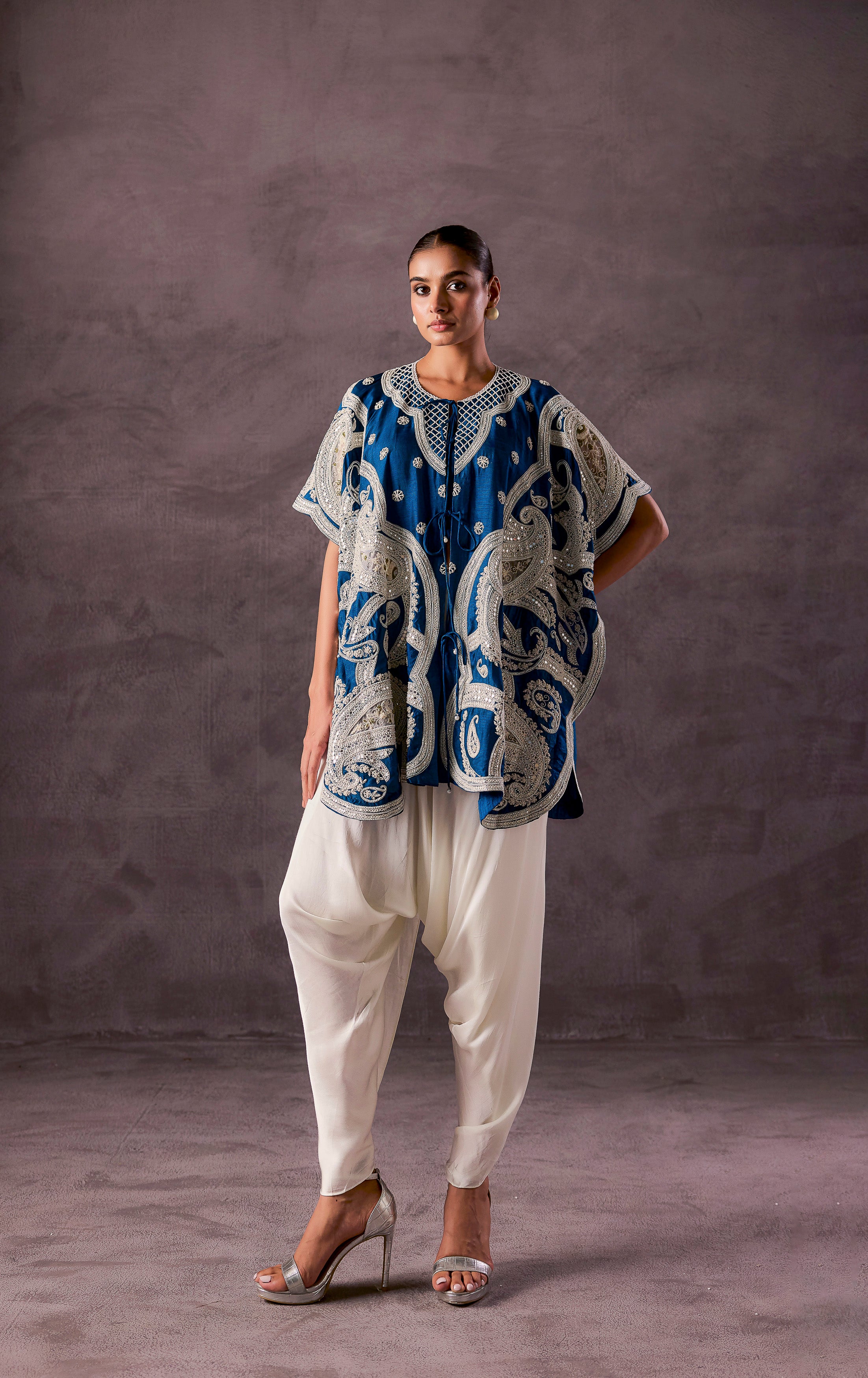 Teal Blue Embellished Premium Silk Dhoti Set