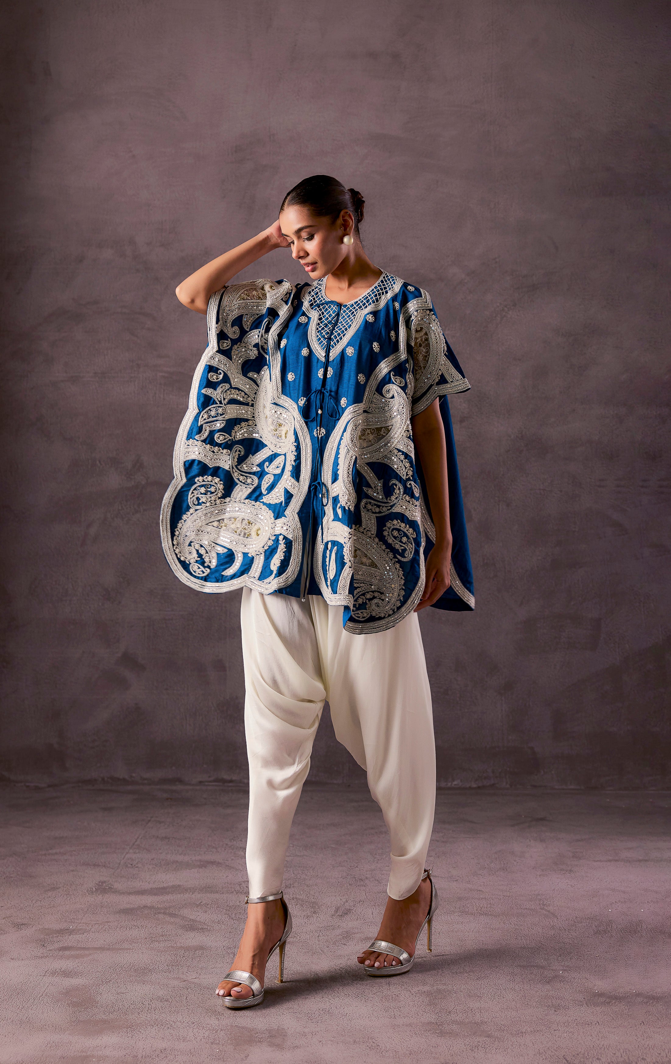 Teal Blue Embellished Premium Silk Dhoti Set