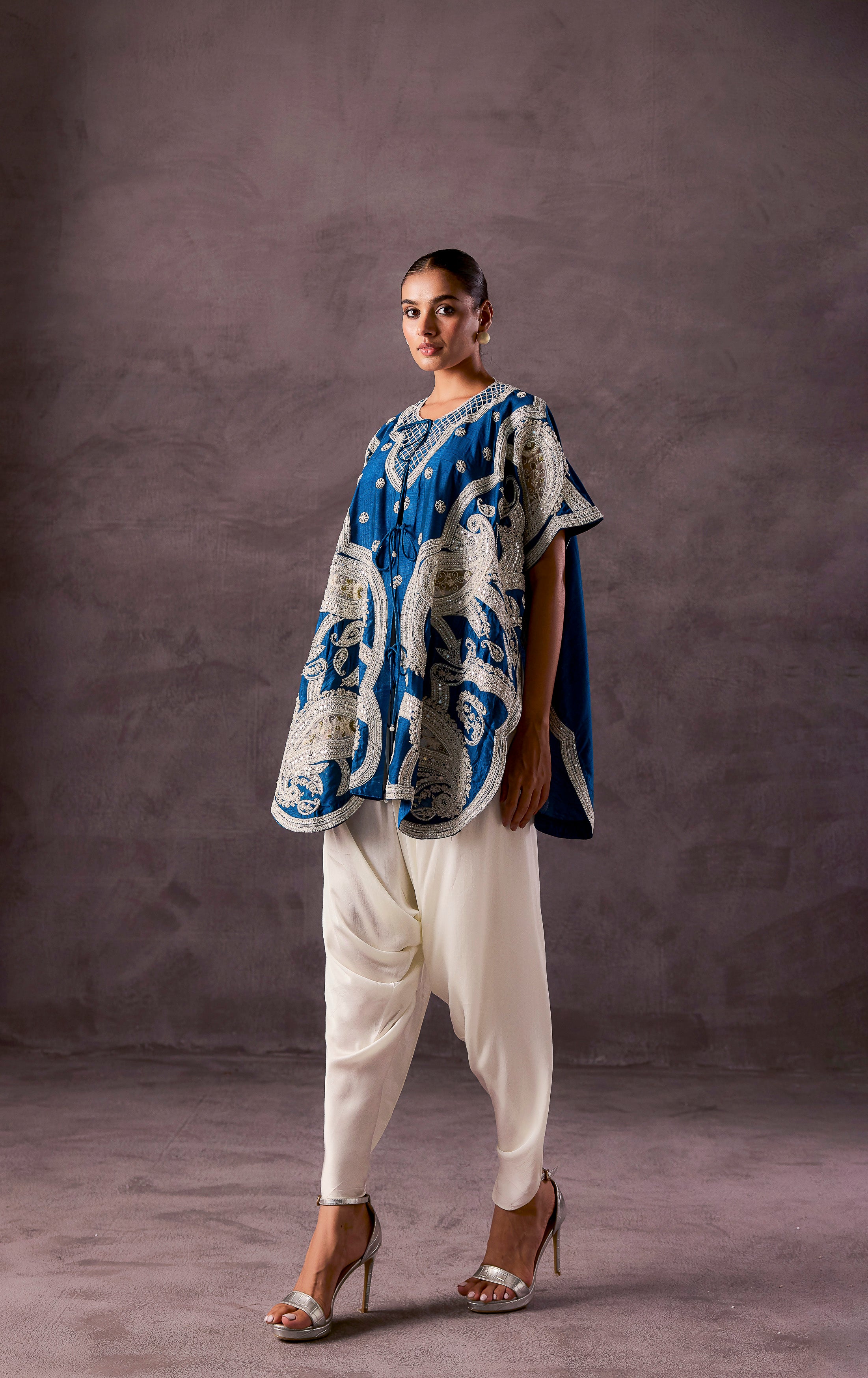 Teal Blue Embellished Premium Silk Dhoti Set