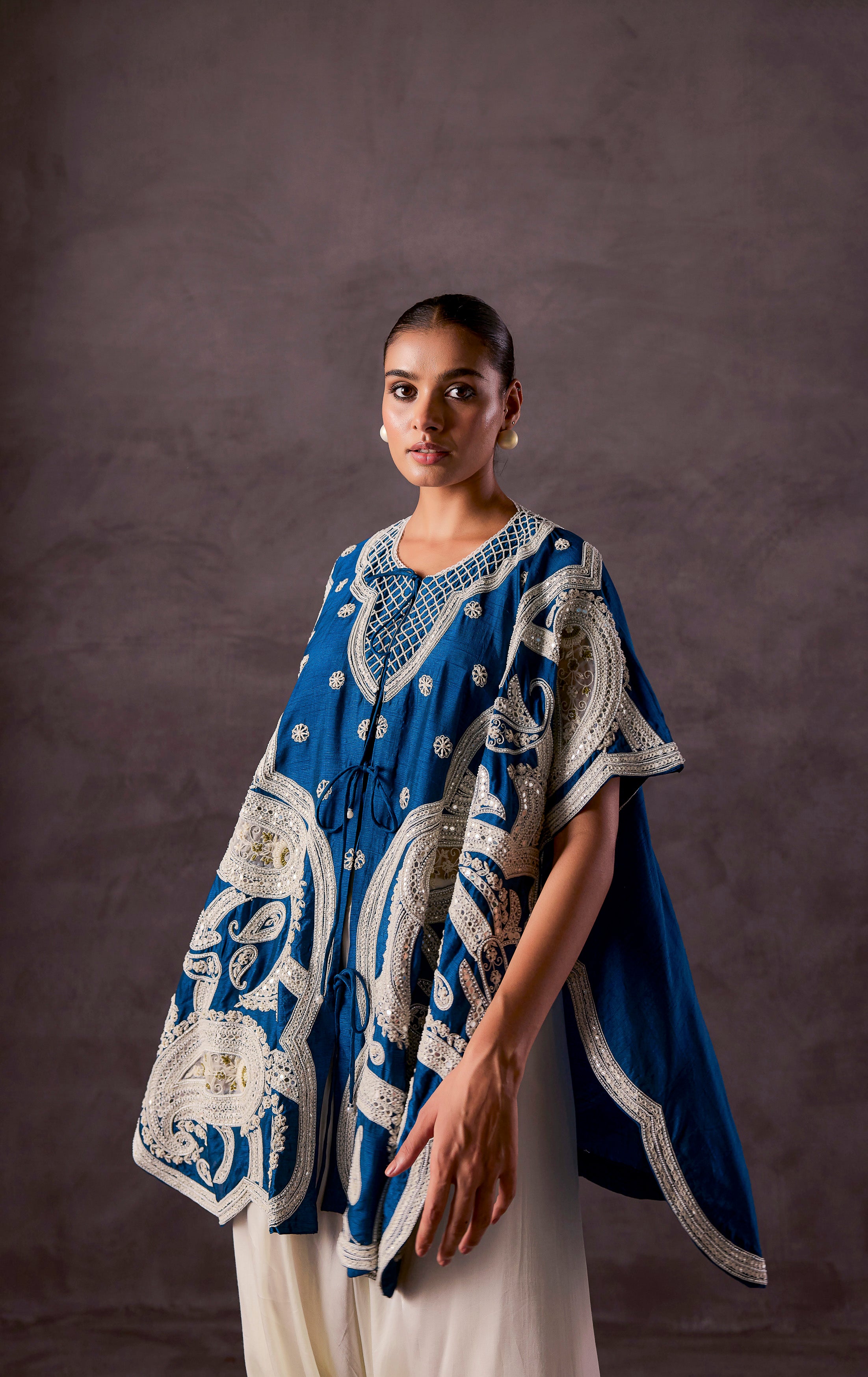 Teal Blue Embellished Premium Silk Dhoti Set