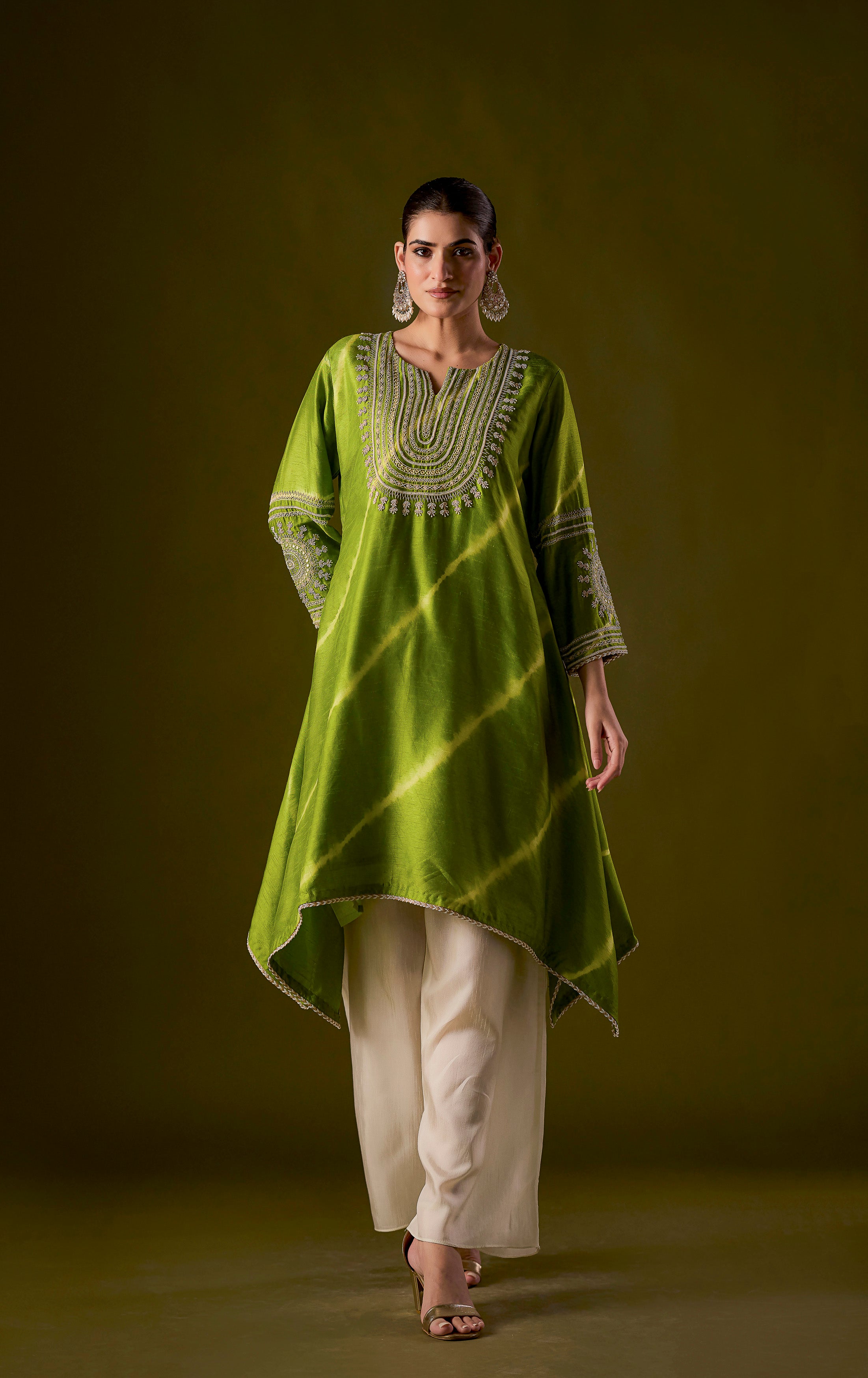 Lime Green Embellished Raw Silk Palazzo Set