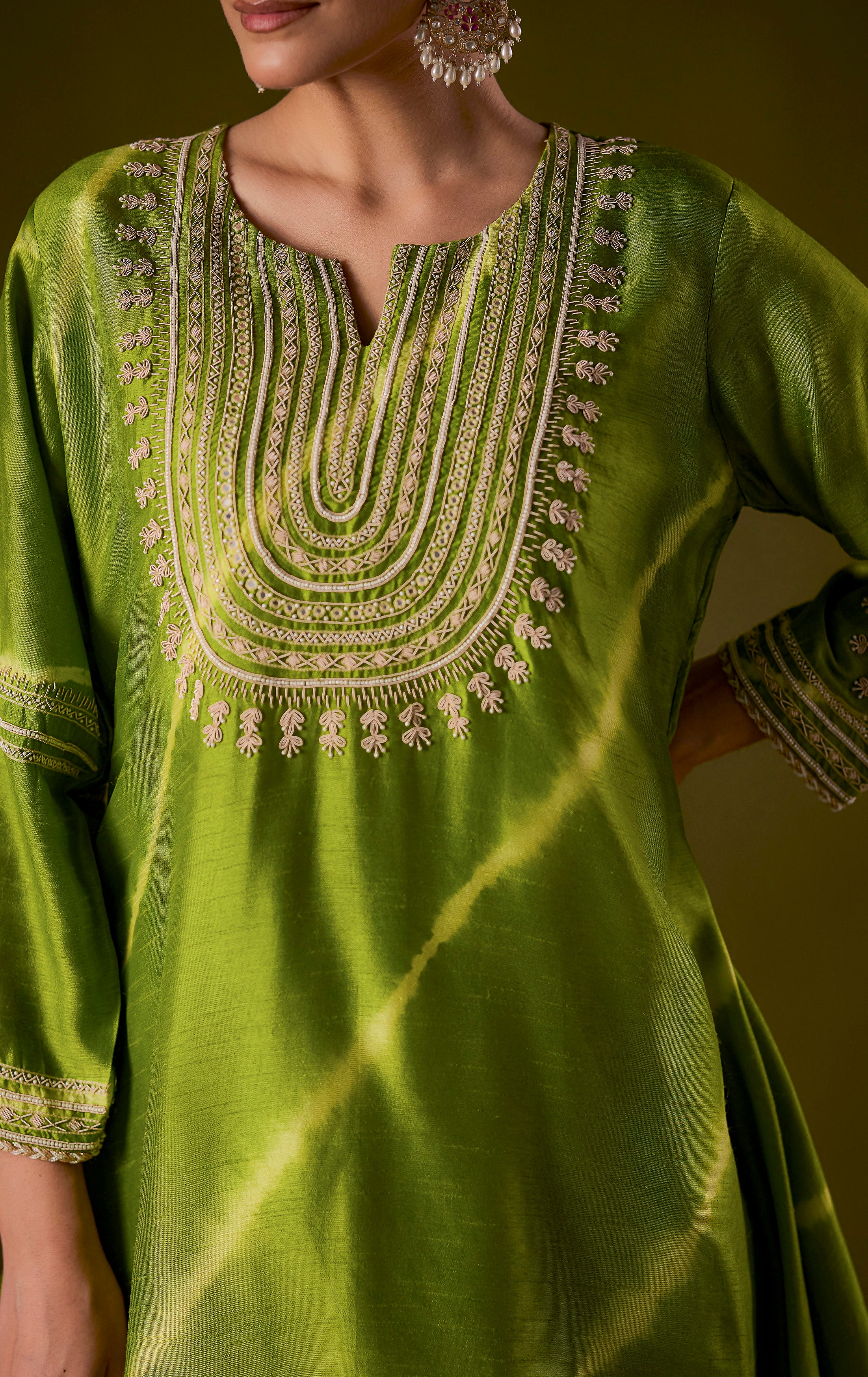 Lime Green Embellished Raw Silk Palazzo Set