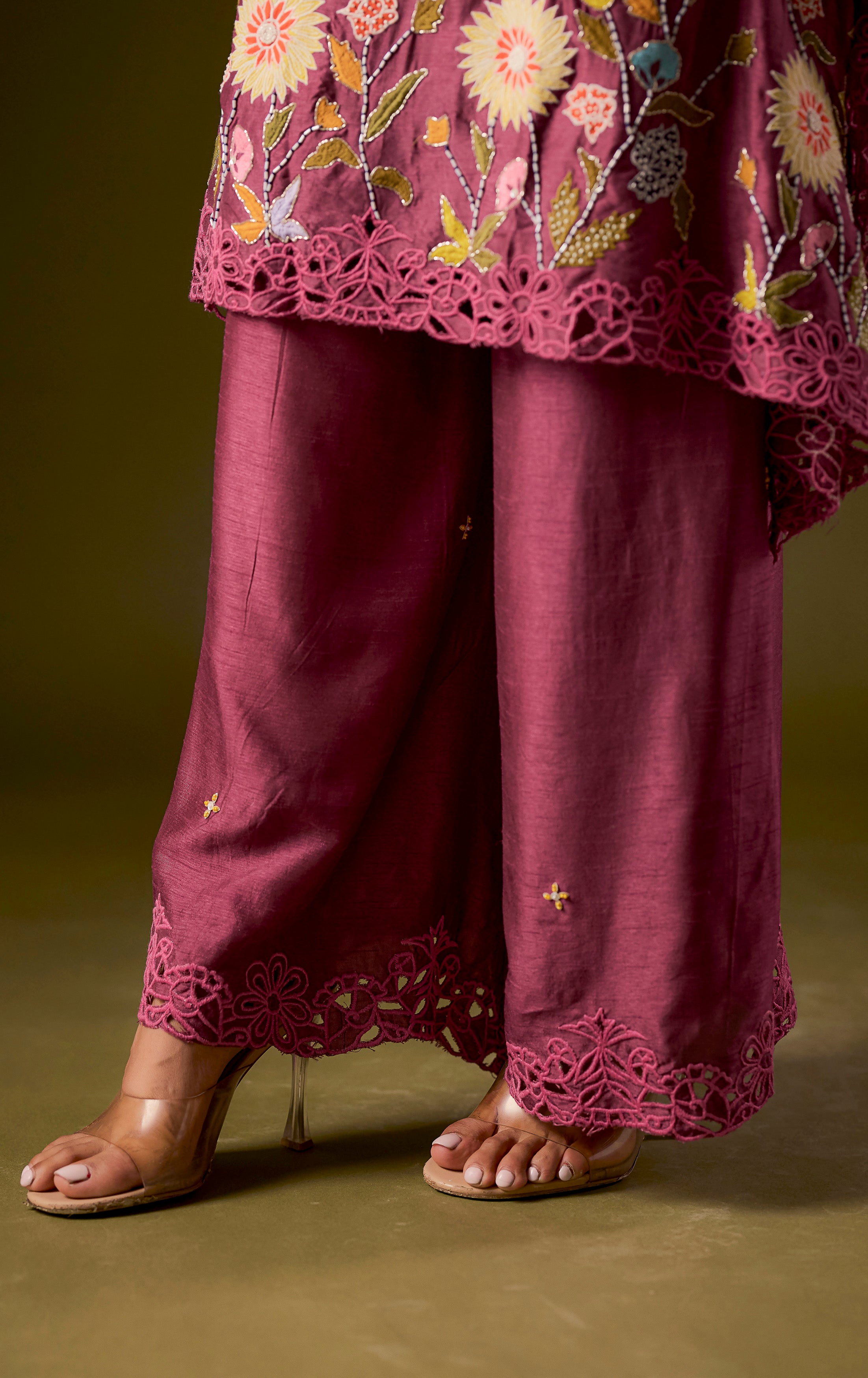 Pastel Purple Embellished Raw Silk Kaftan Pant Set