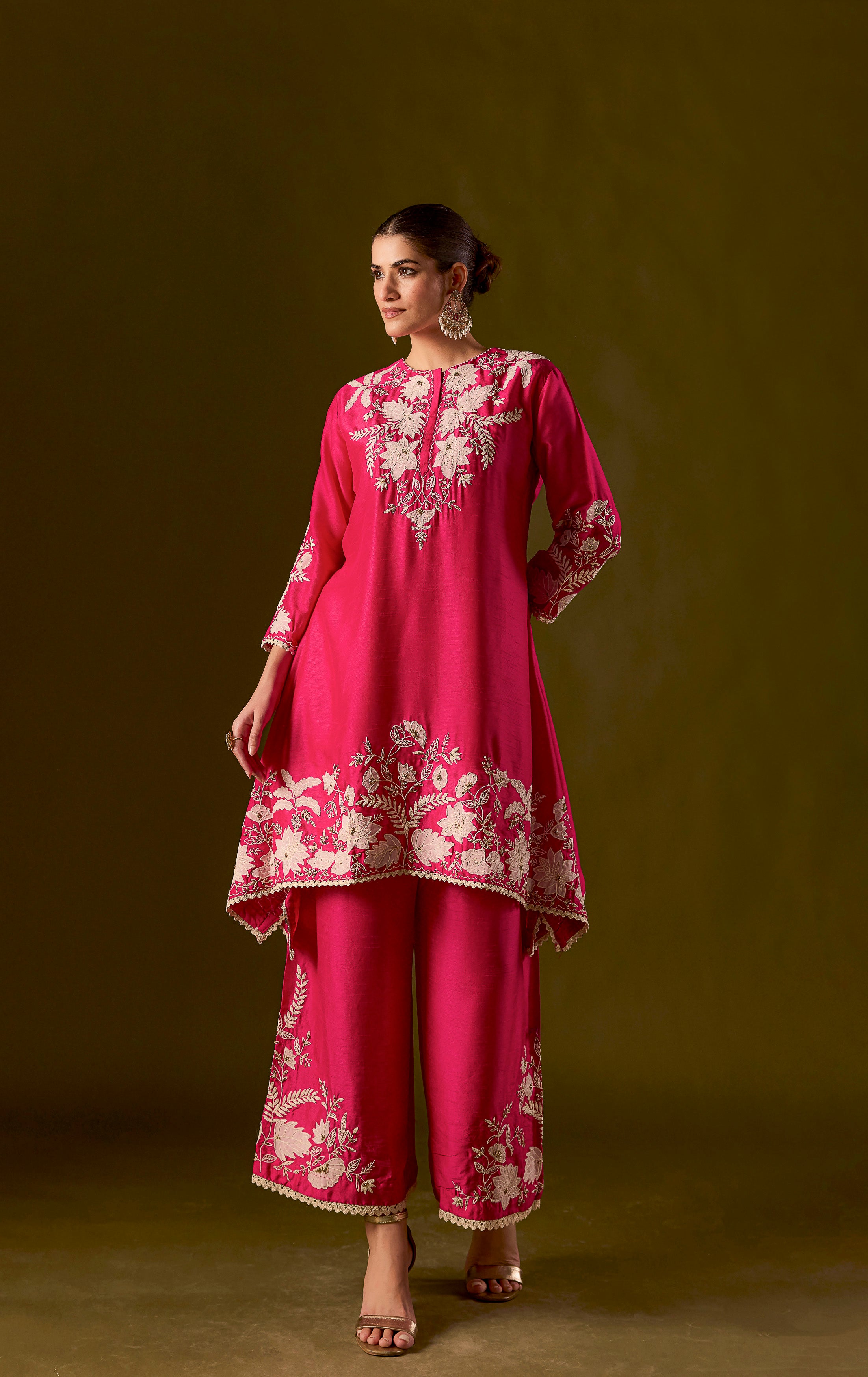 Rani pink Embroidered Raw Silk Co-Ord Set