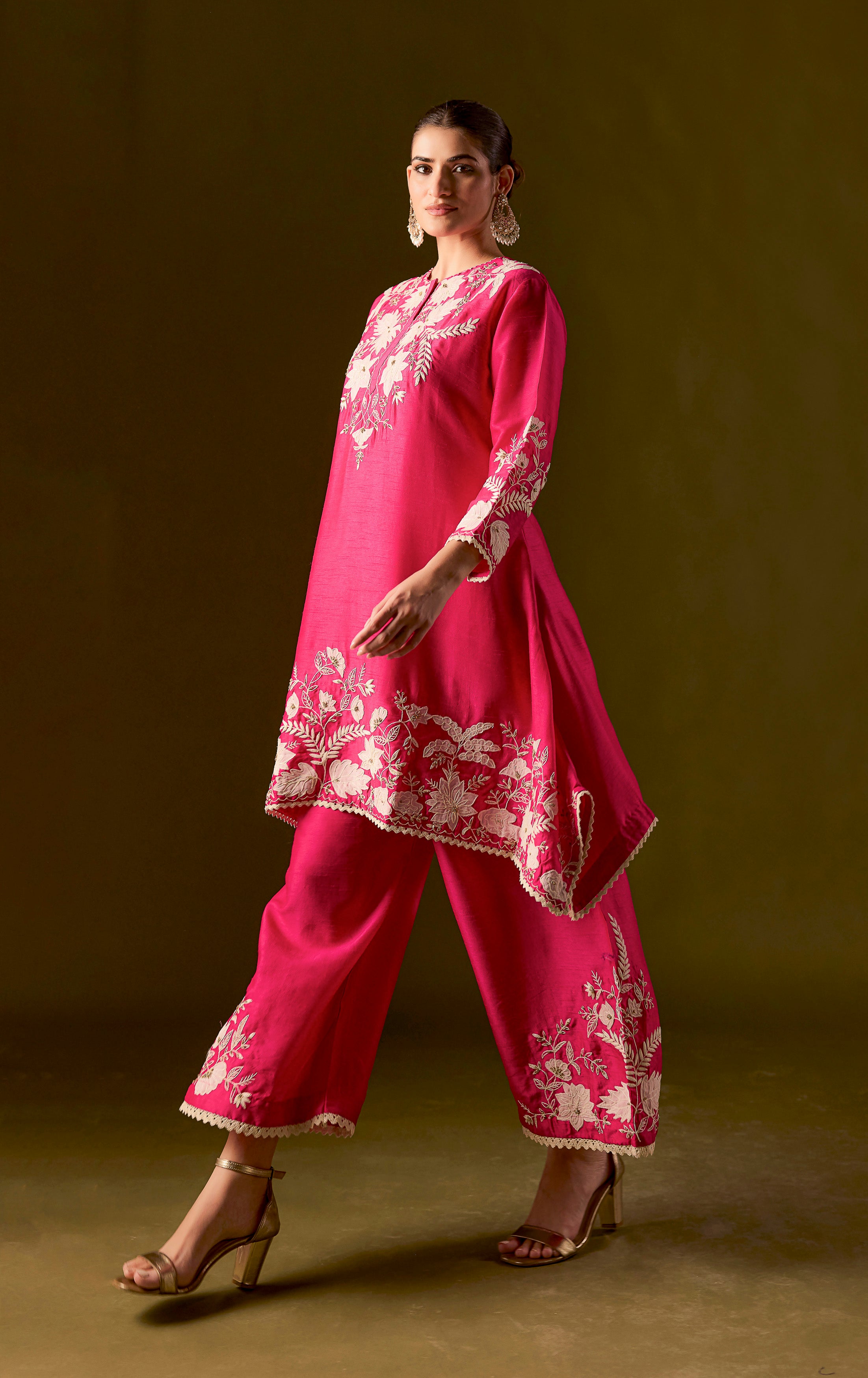Rani pink Embroidered Raw Silk Co-Ord Set