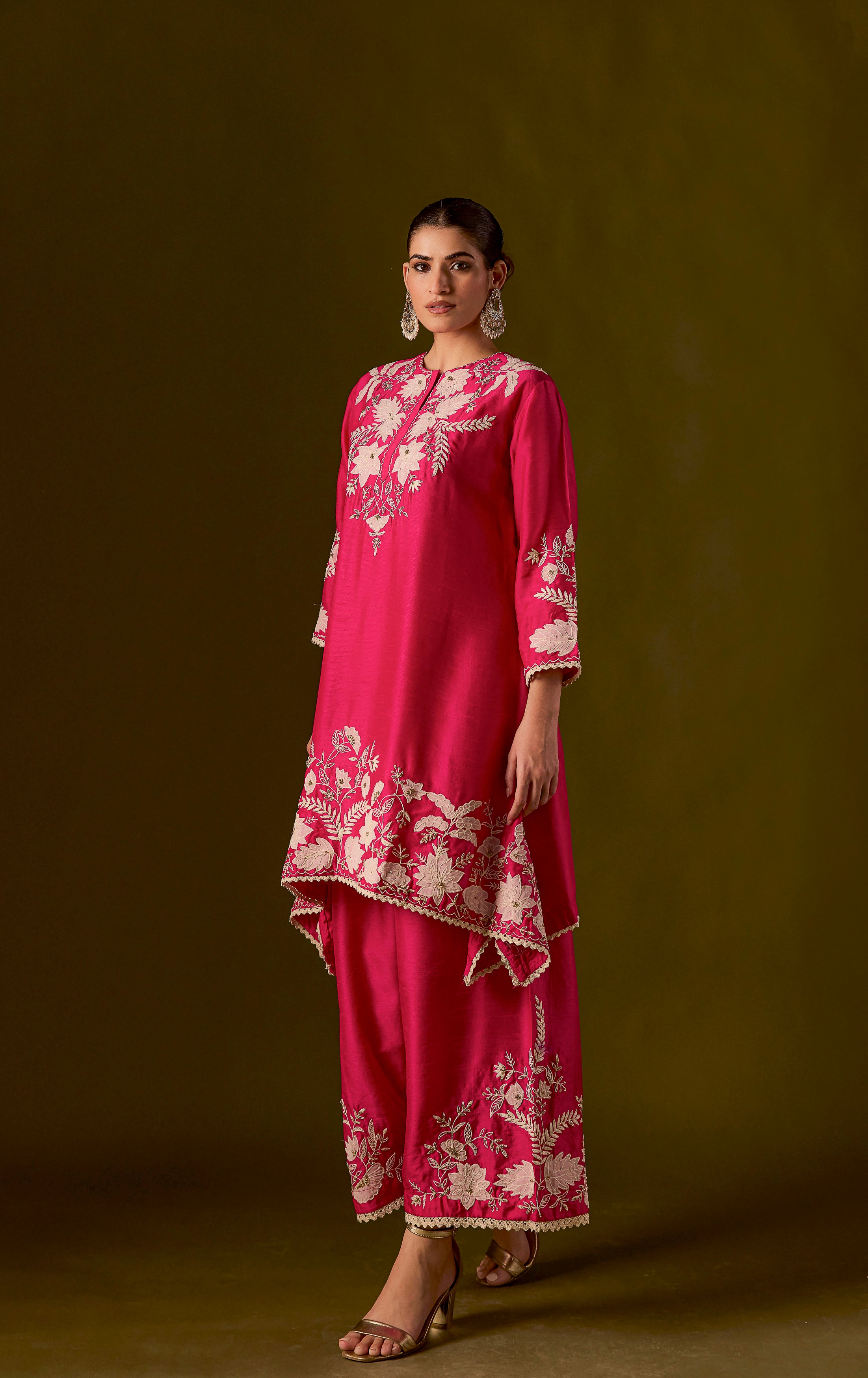 Rani pink Embroidered Raw Silk Co-Ord Set