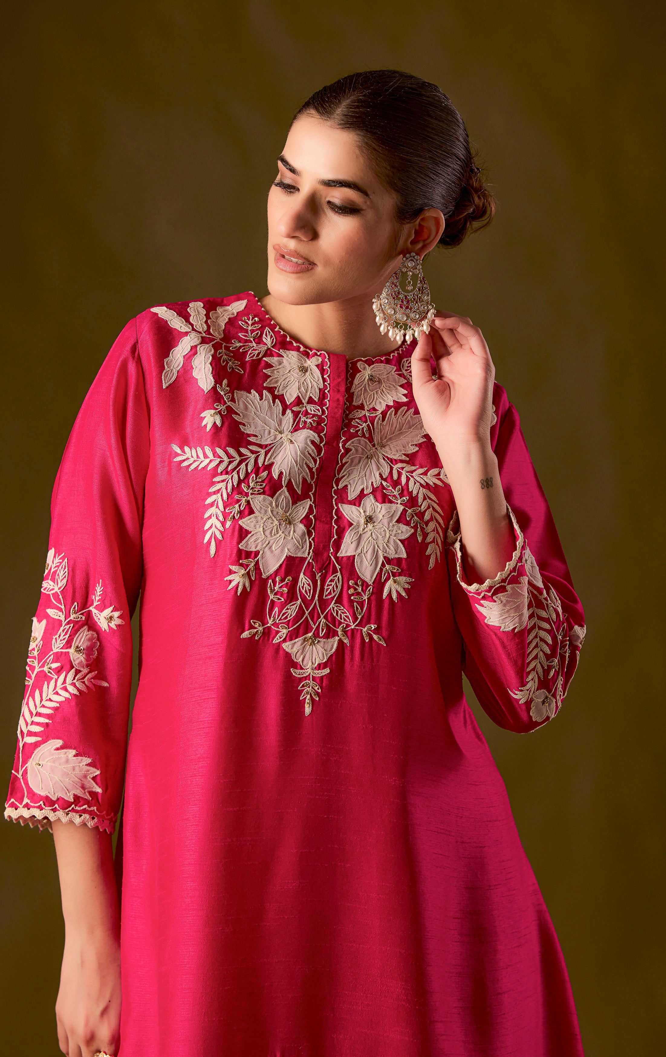 Rani pink Embroidered Raw Silk Co-Ord Set