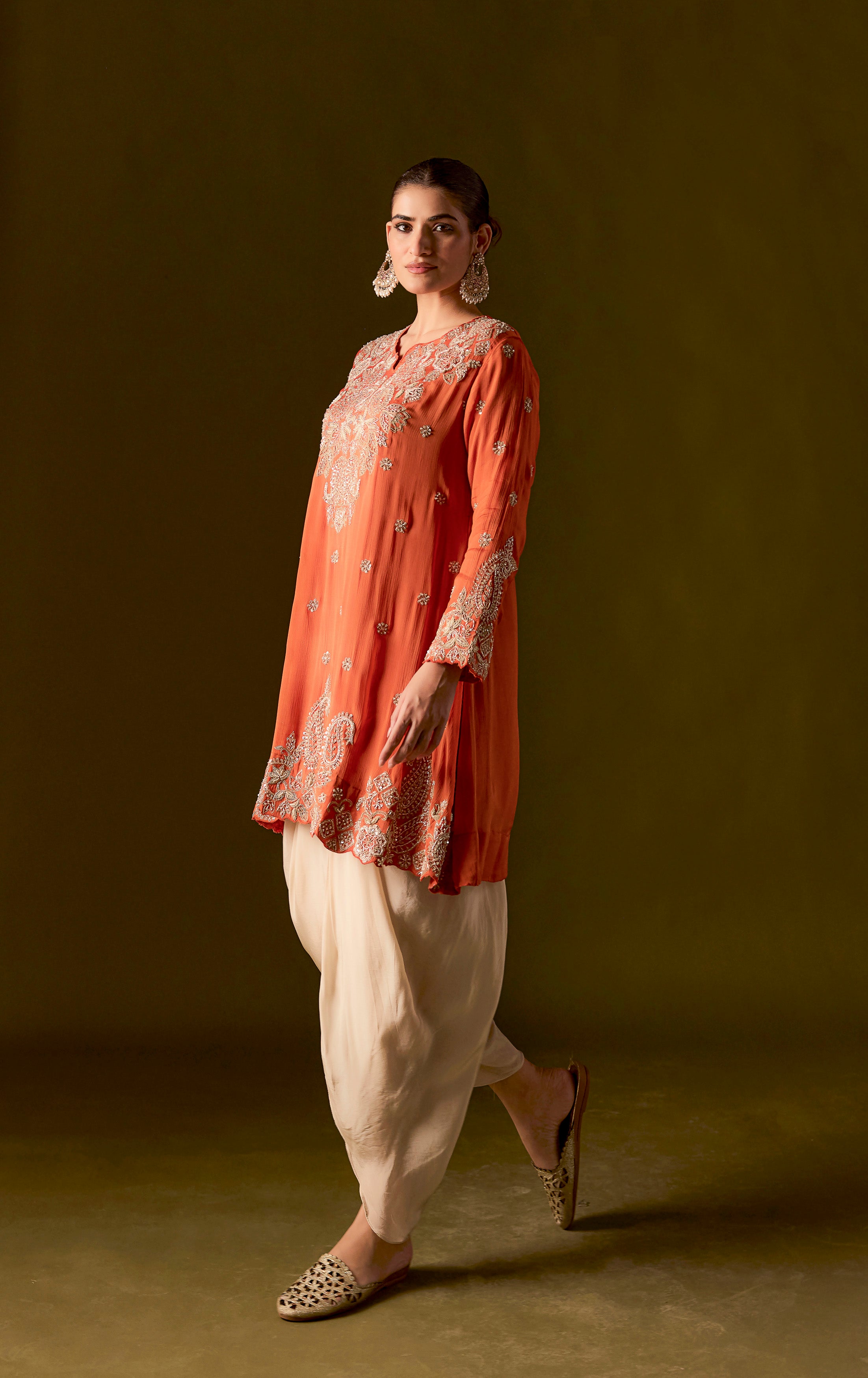 Rust Embellished Chinon Silk Dhoti Set