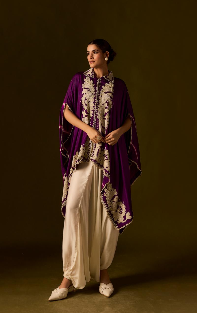 Royal Purple Embroidered Raw Silk Kaftan Set