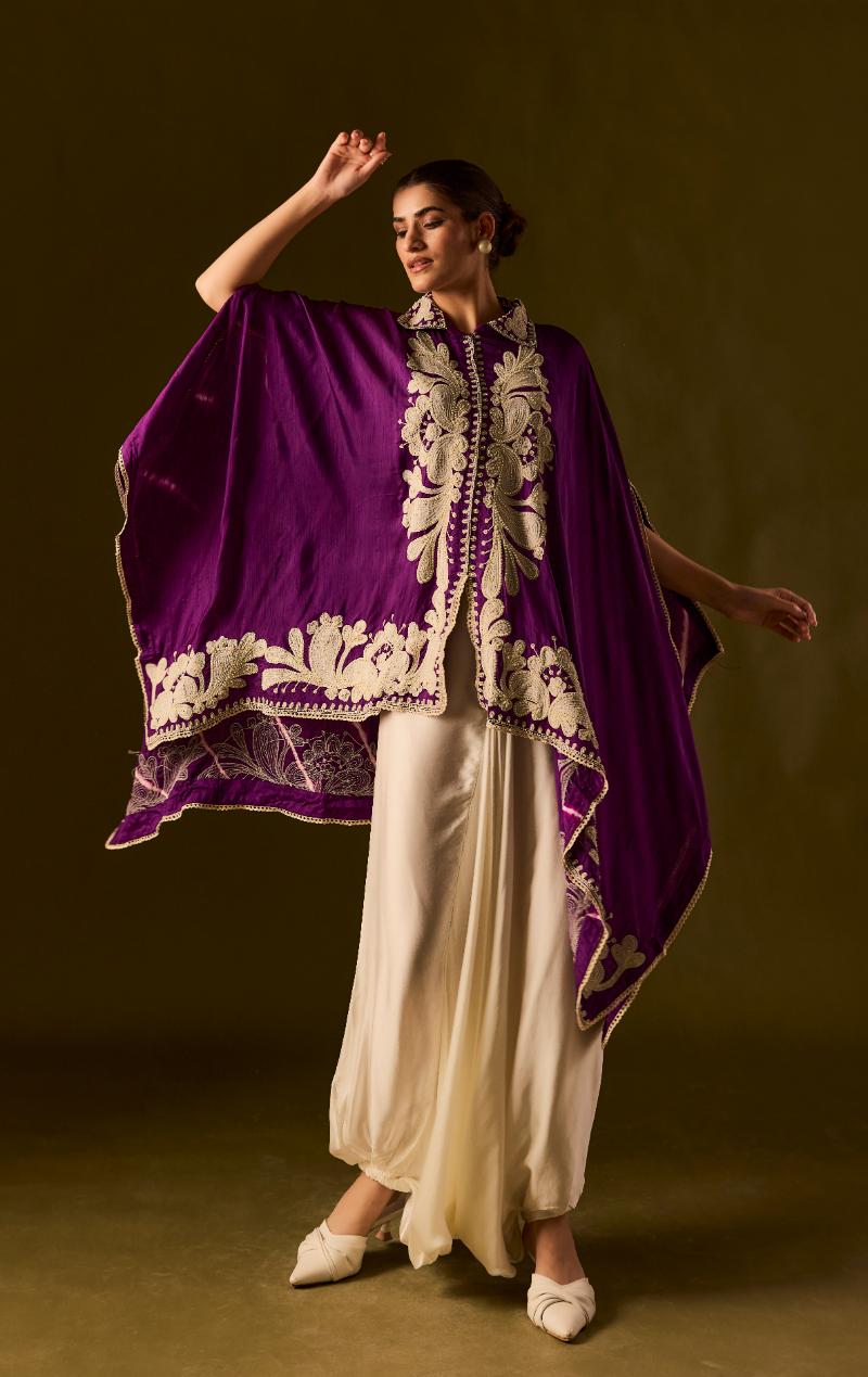 Royal Purple Embroidered Raw Silk Kaftan Set