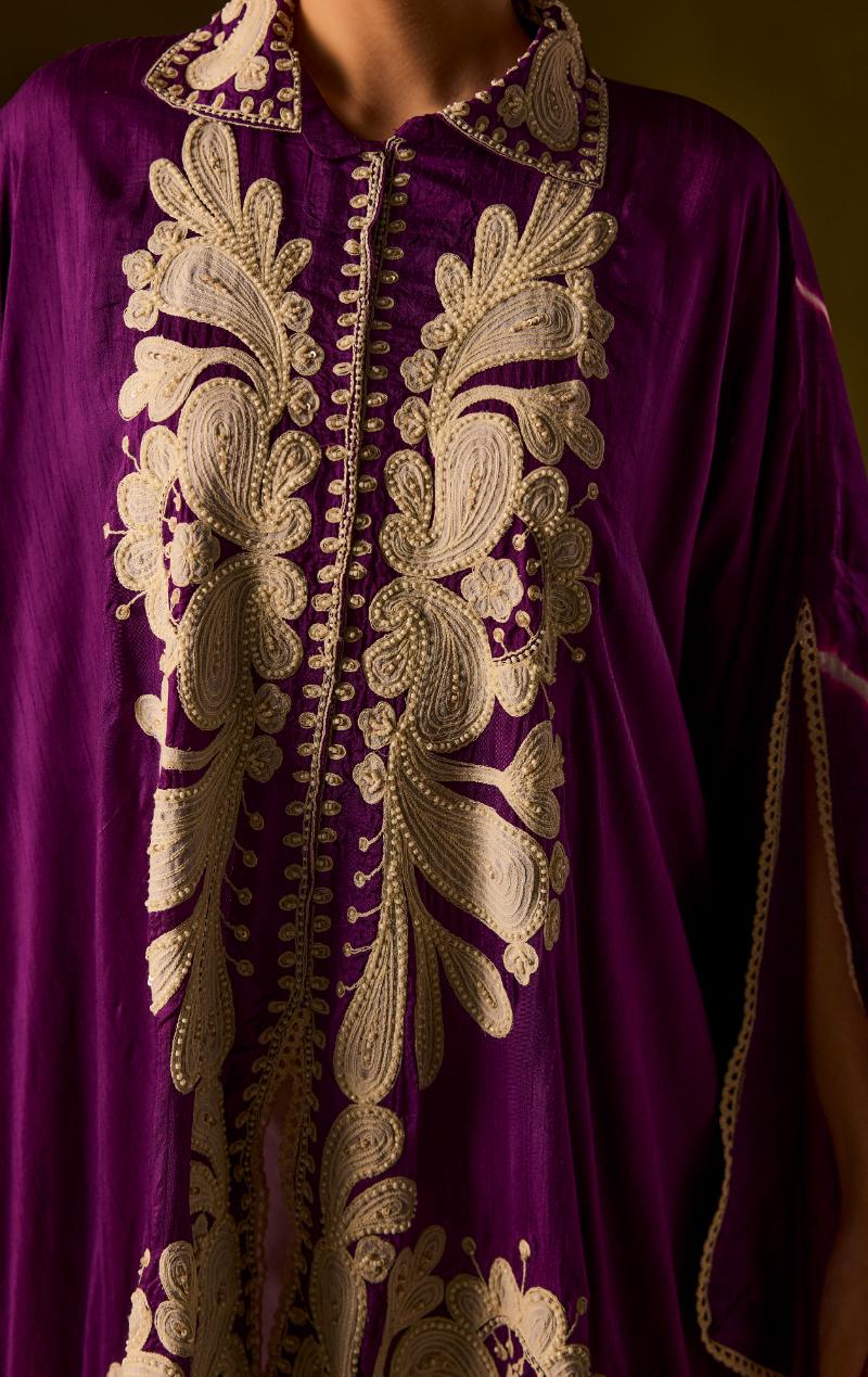Royal Purple Embroidered Raw Silk Kaftan Set