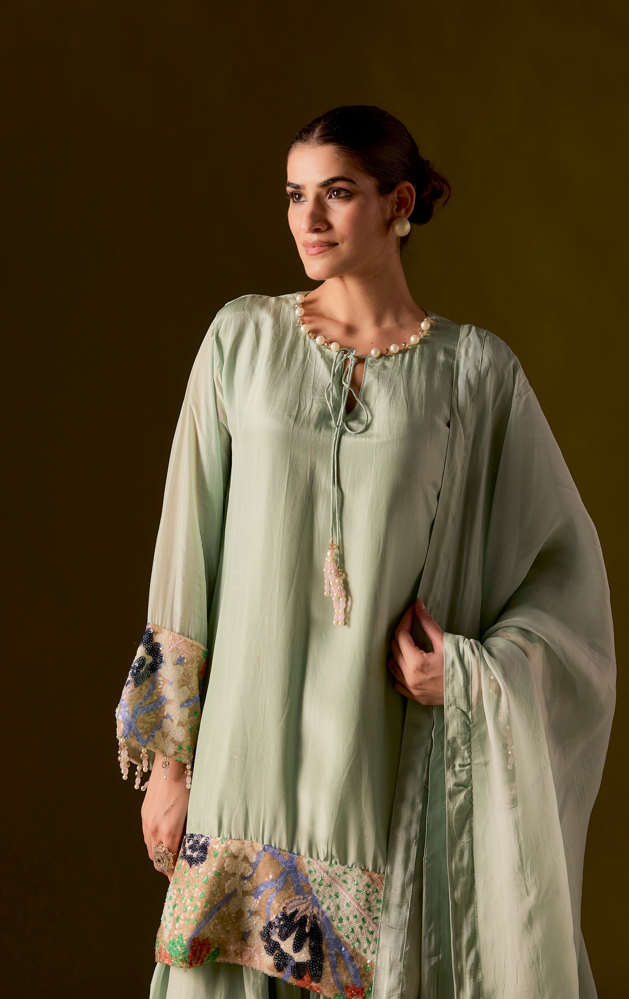 Pastel Green Embellished Muslin Silk Dhoti Set