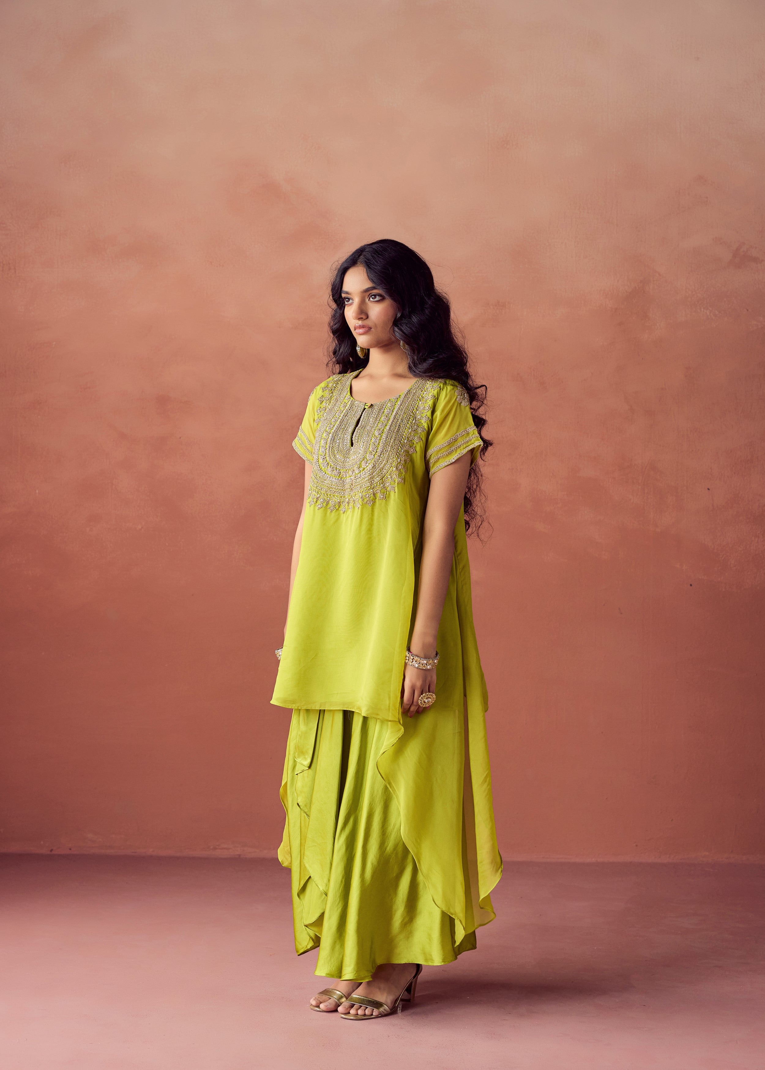 Lime Green Embellished Organza Silk Skirt Set