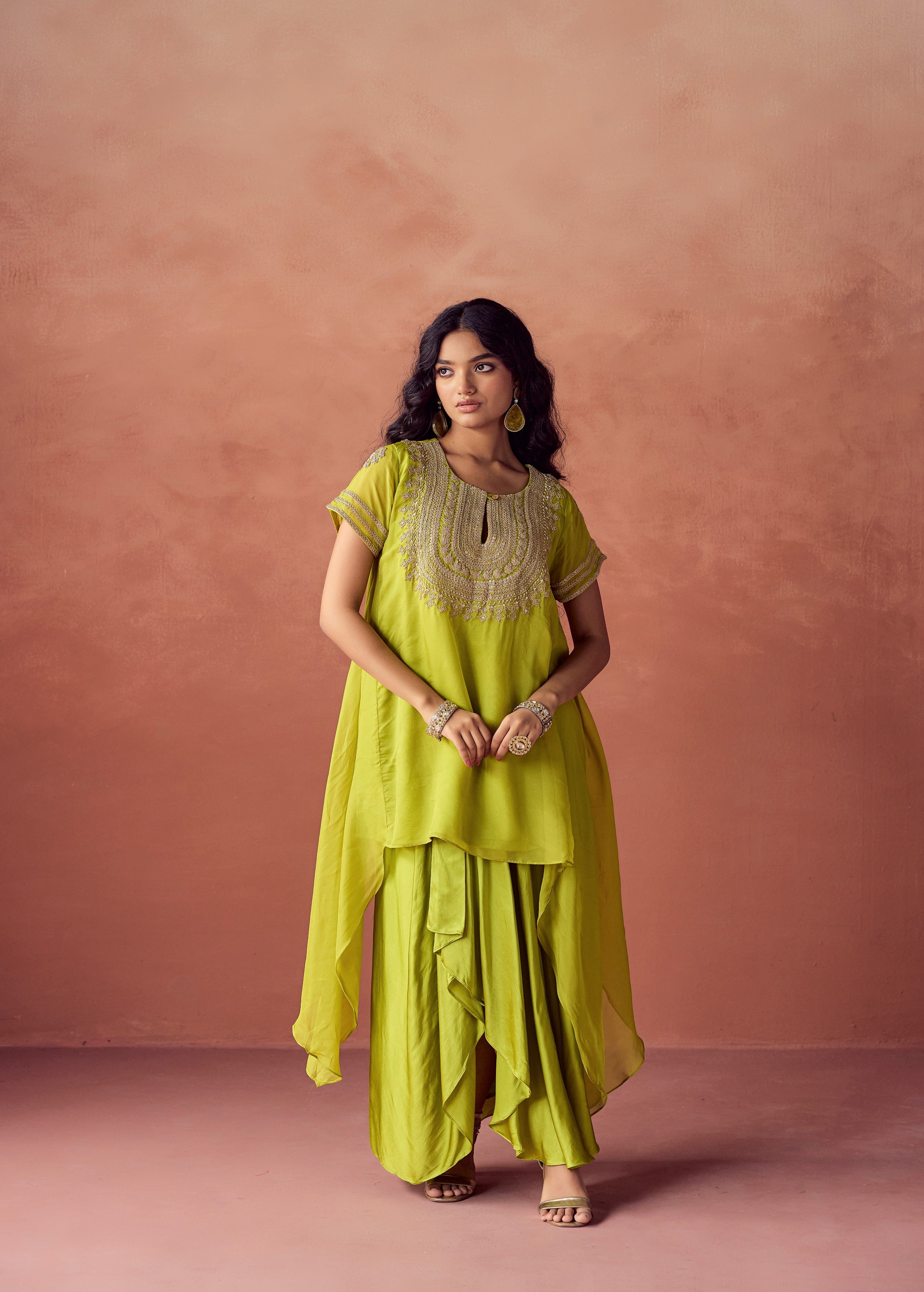 Lime Green Embellished Organza Silk Skirt Set