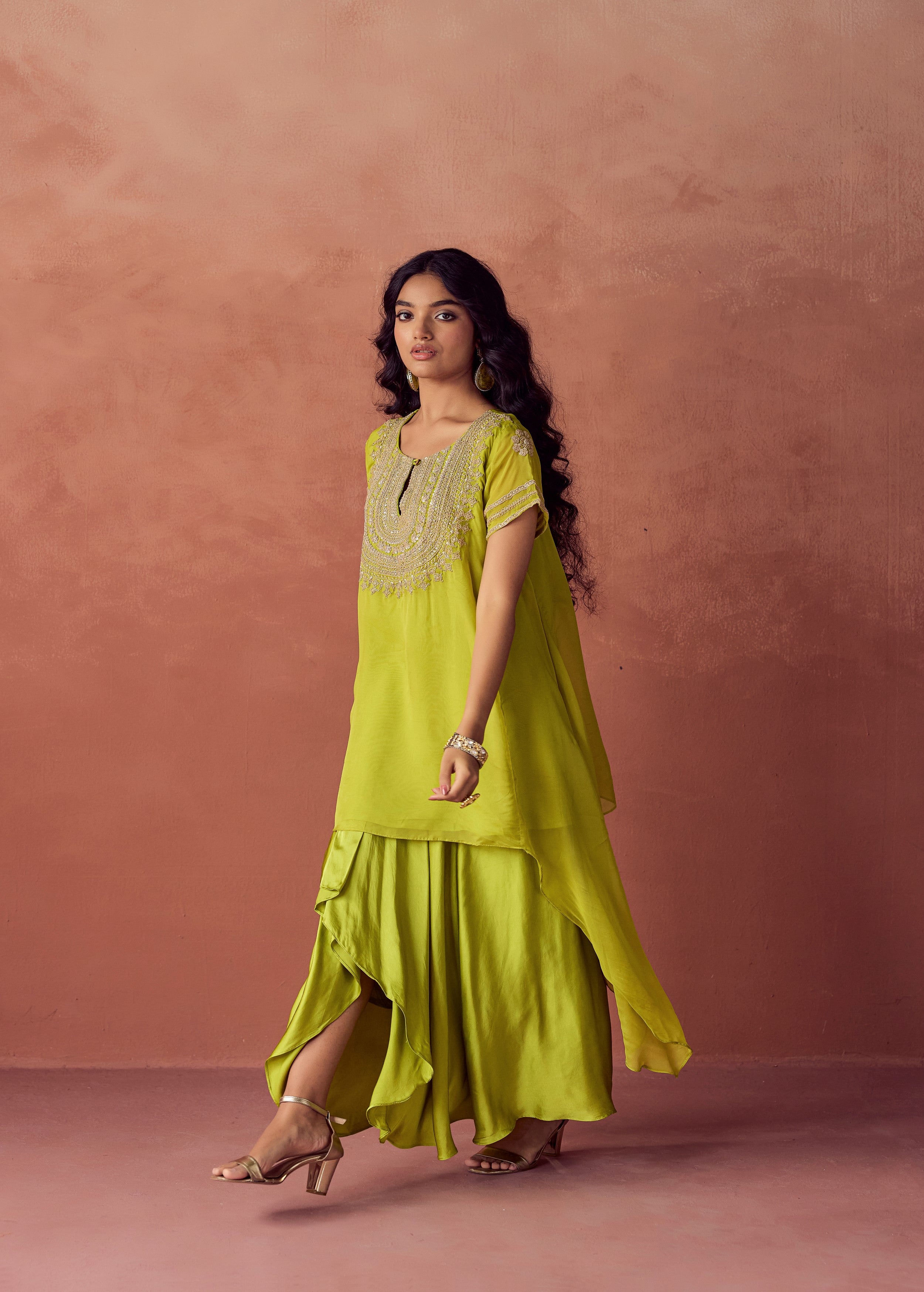 Lime Green Embellished Organza Silk Skirt Set