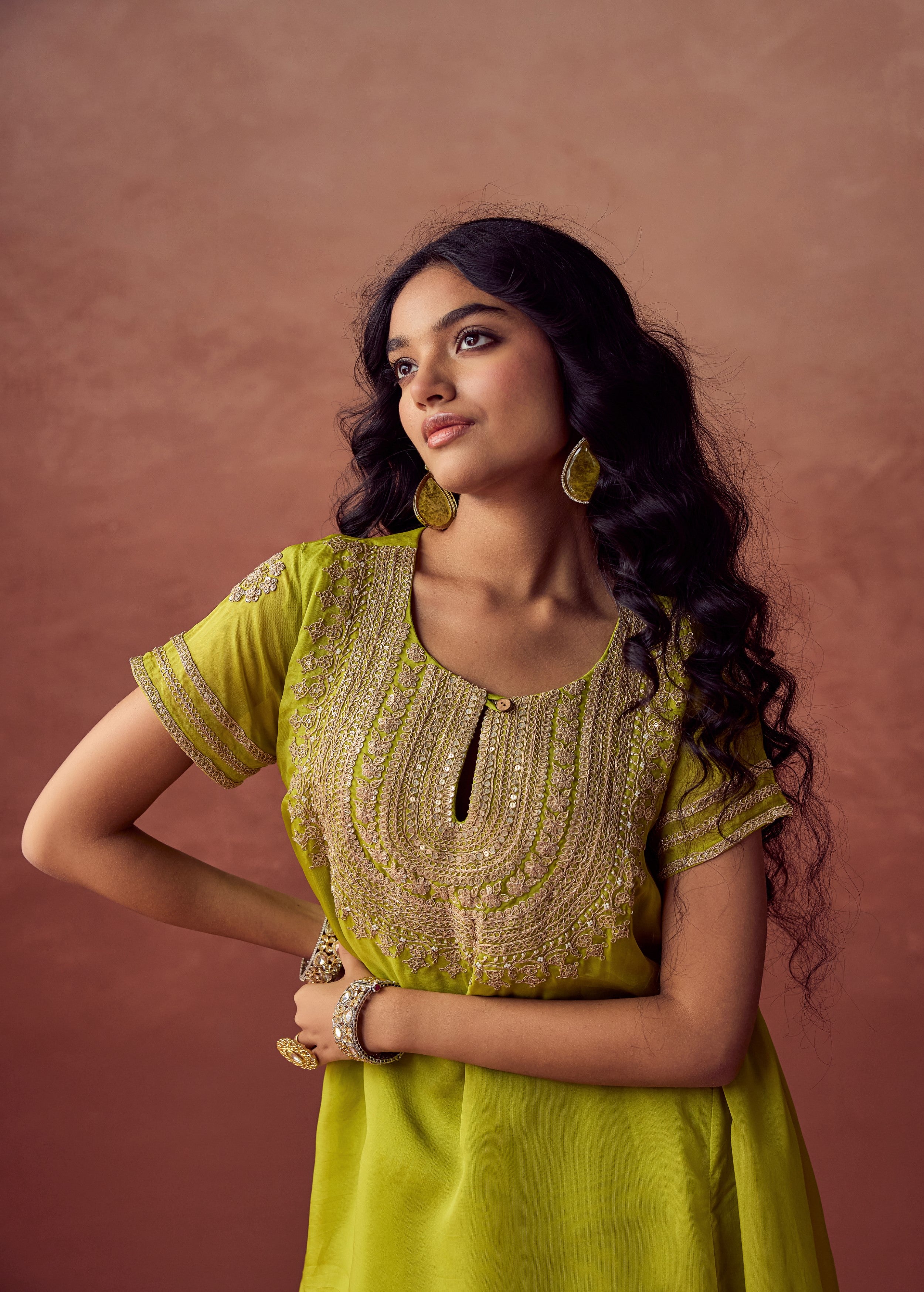 Lime Green Embellished Organza Silk Skirt Set