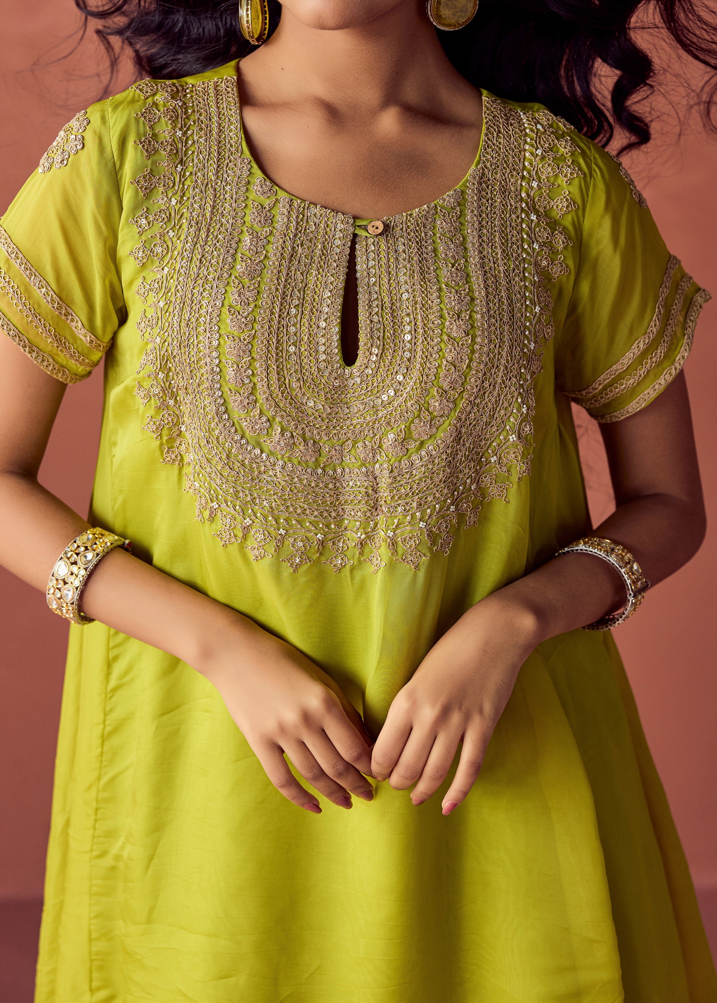 Lime Green Embellished Organza Silk Skirt Set