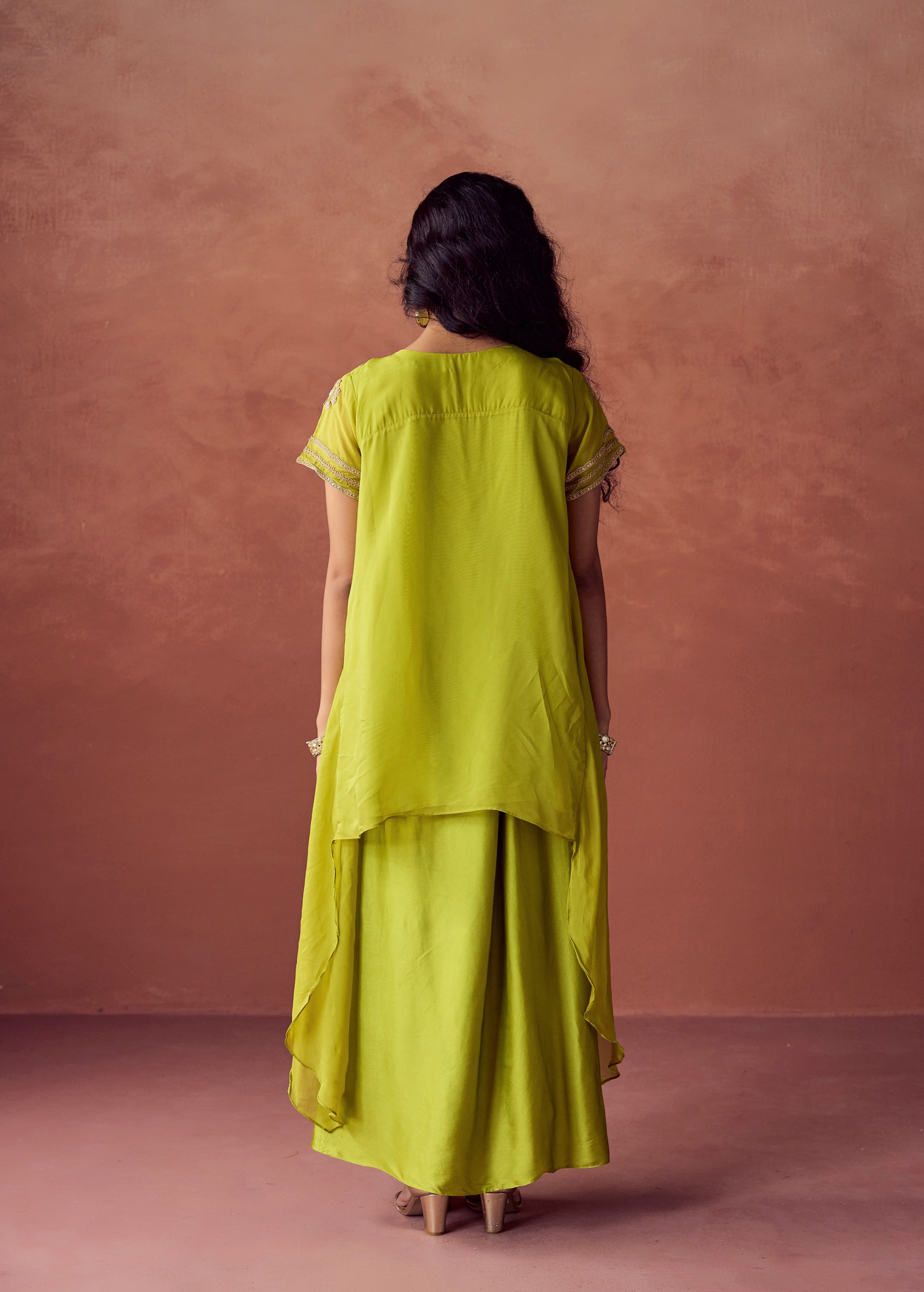 Lime Green Embellished Organza Silk Skirt Set