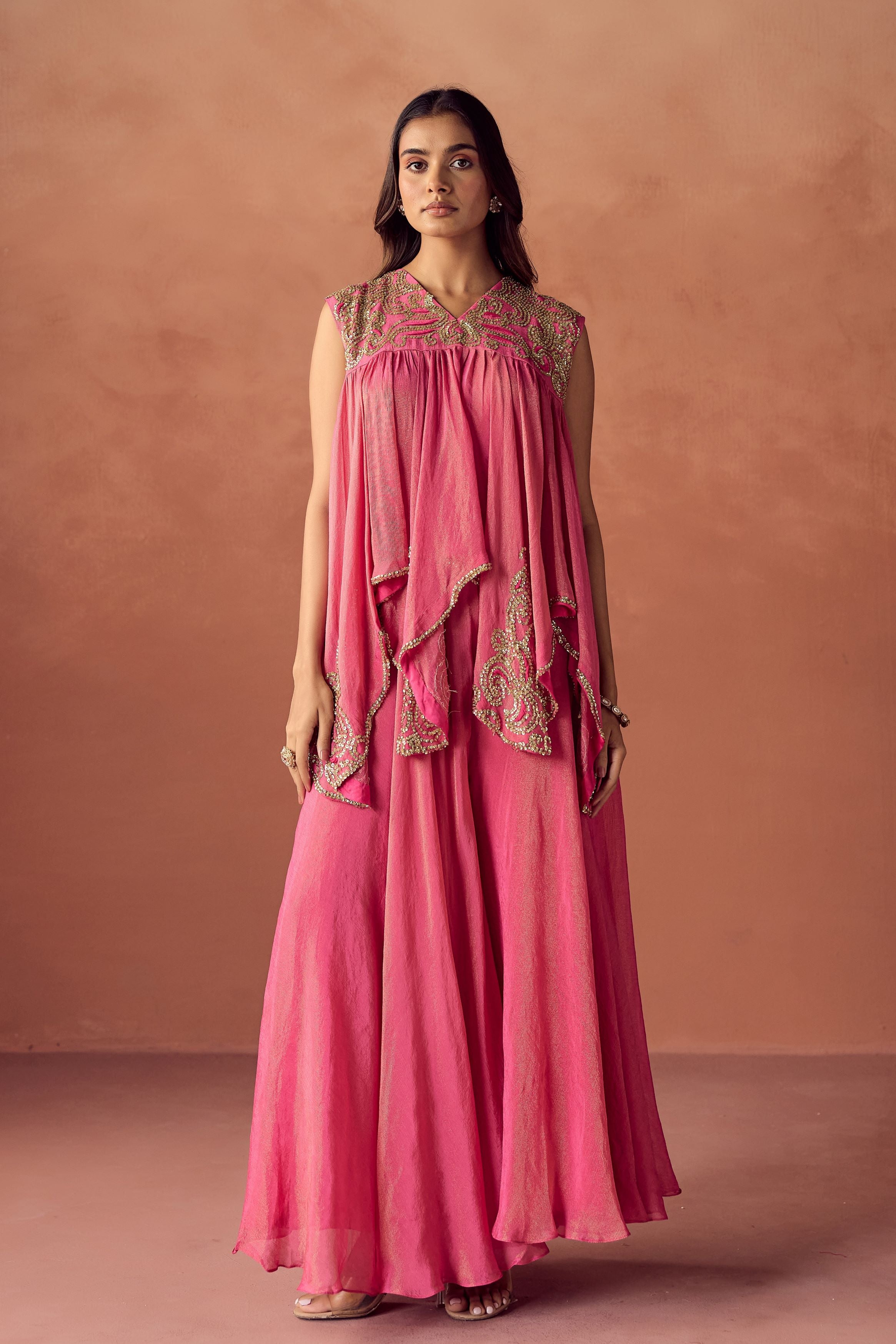 Blush Glimmer Embellished Shimmer Tissue Silk Tunic Set