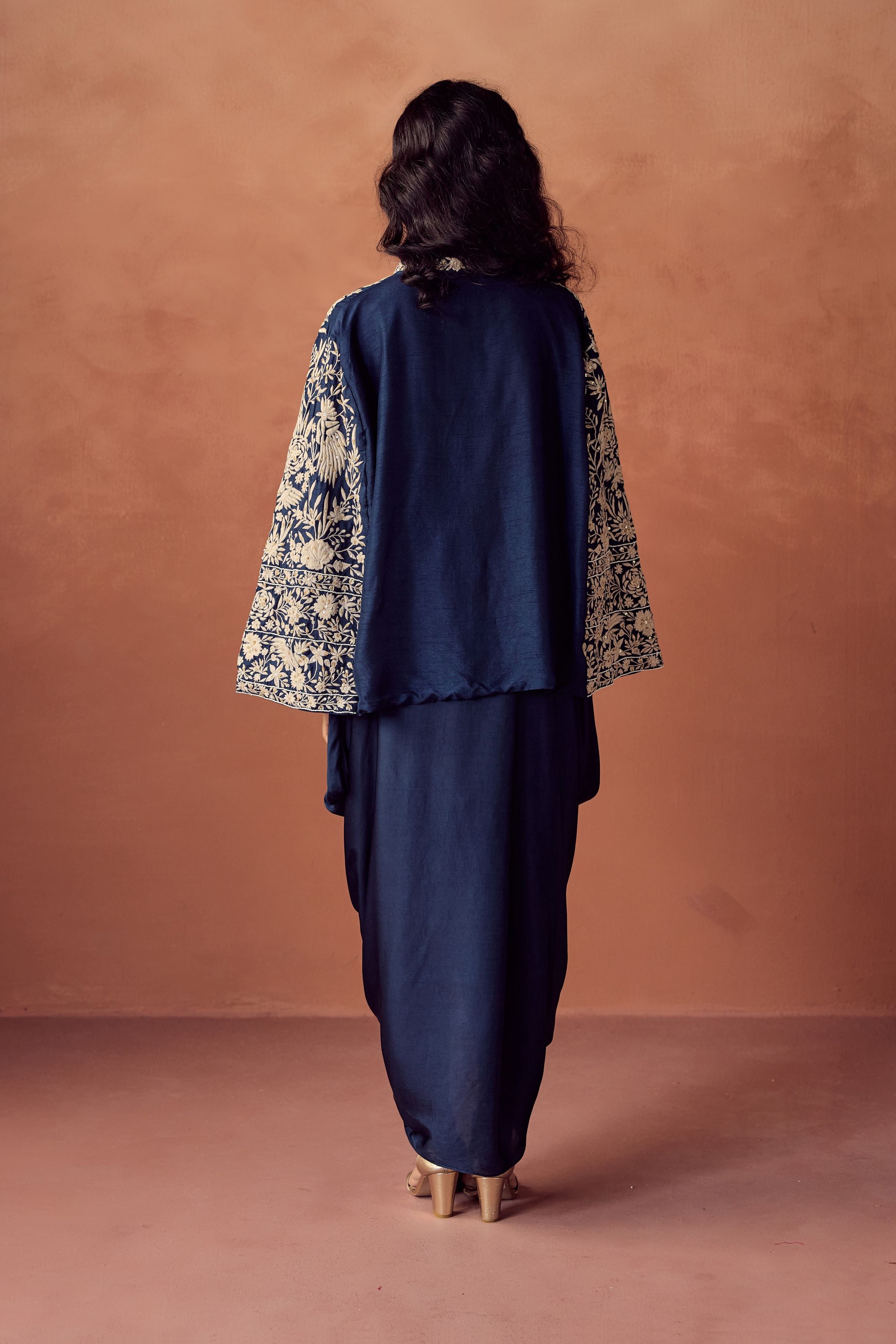 Navy Blue Embroidered Satin Silk Skirt Set
