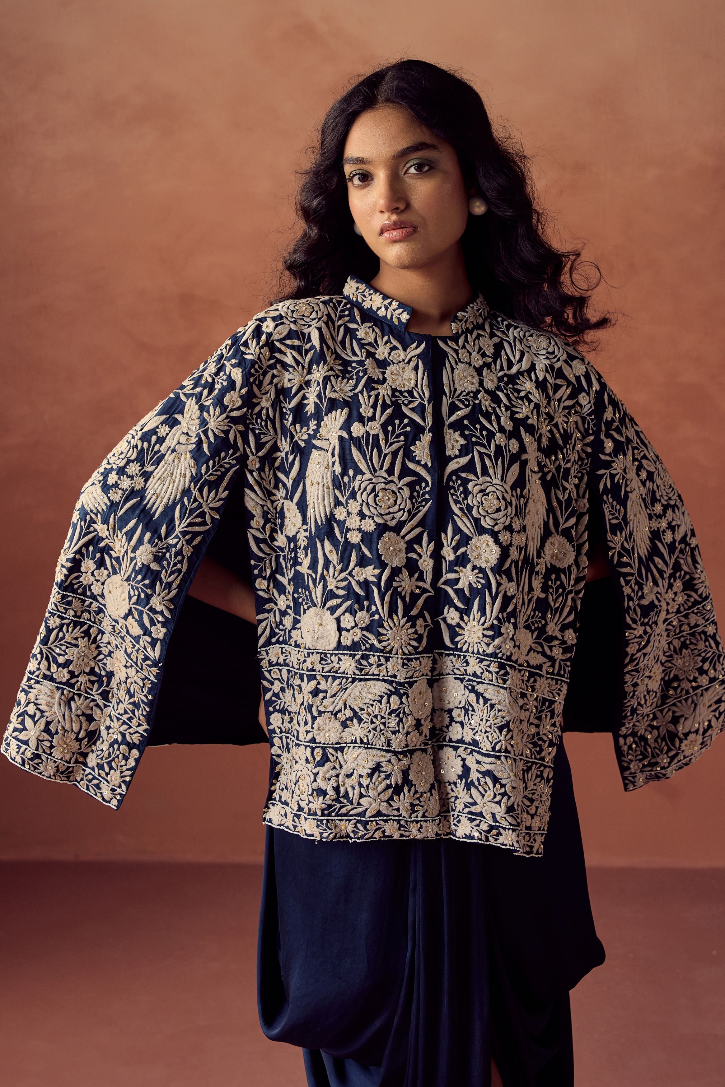 Navy Blue Embroidered Satin Silk Skirt Set
