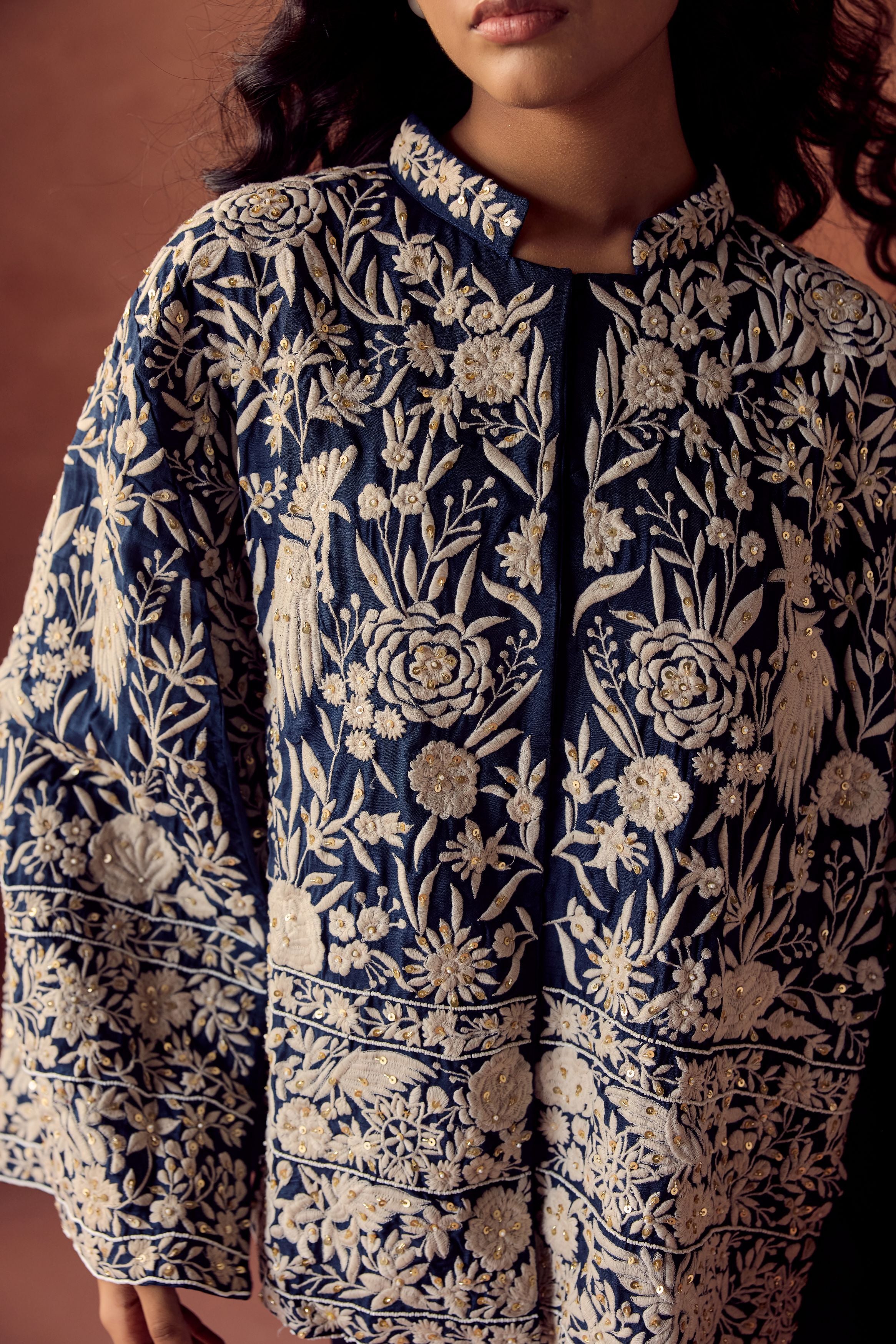 Navy Blue Embroidered Satin Silk Skirt Set